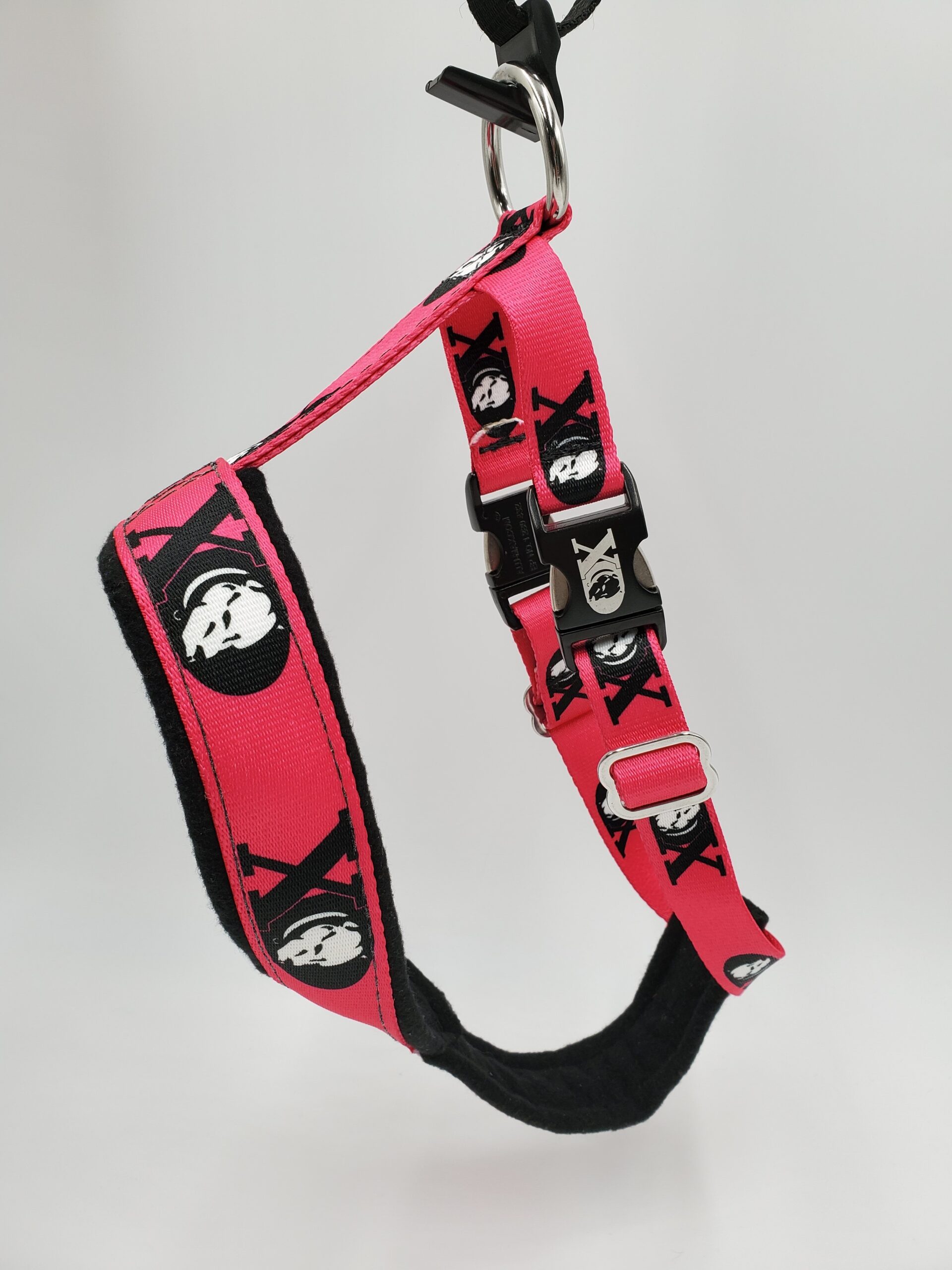 2" Nylon Fleece-Lined Harness, Hot Pink XD with Black Fleece, Black Aluminum Buckles, Size Medium