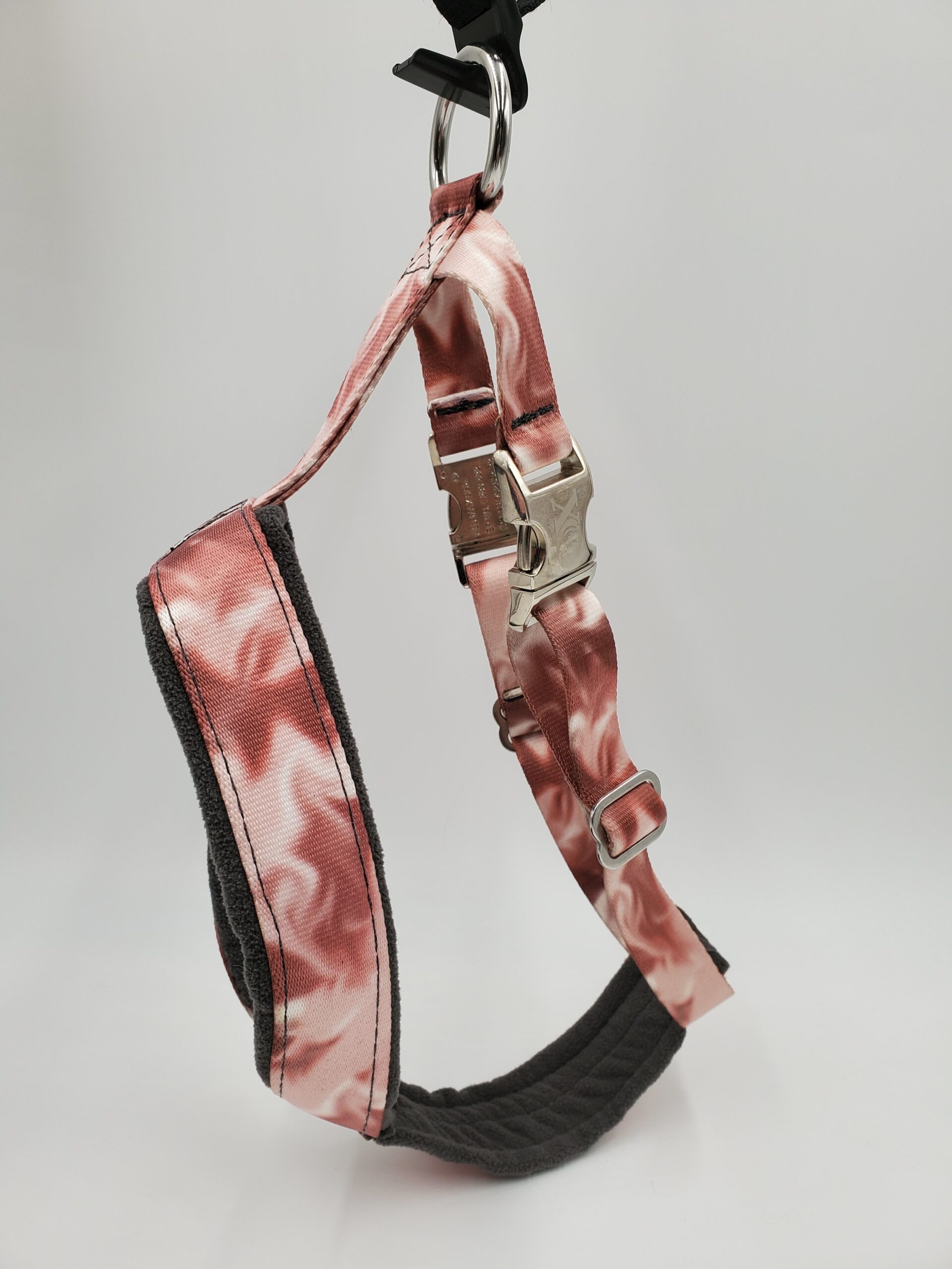2" Nylon Fleece-Lined Harness, Red Smoke with Charcoal Fleece, Aluminum Buckles, Size Medium