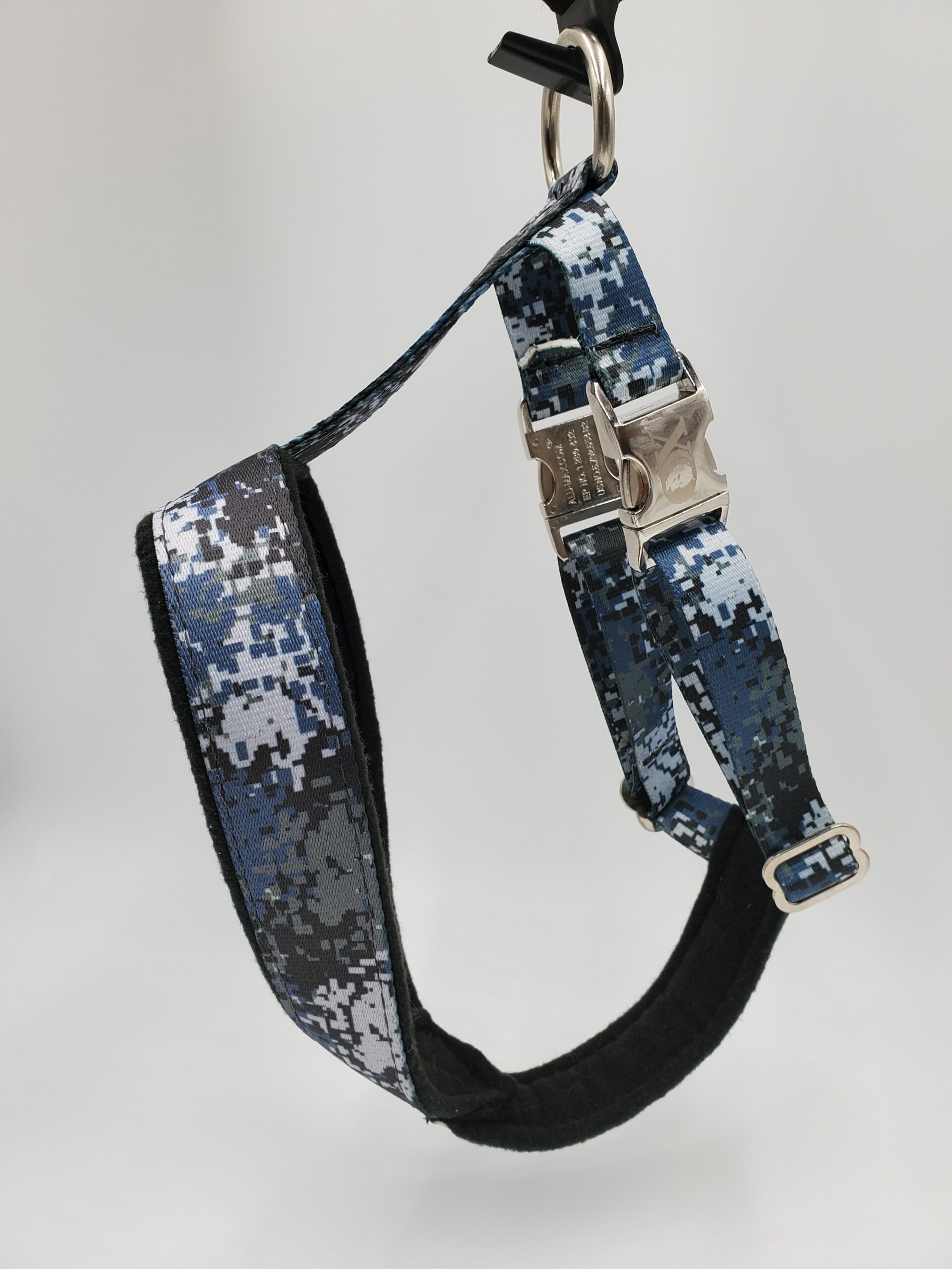 2" Nylon Fleece-Lined Harness, Digital Blue Camo with Black Fleece, Aluminum Buckles, Size Medium