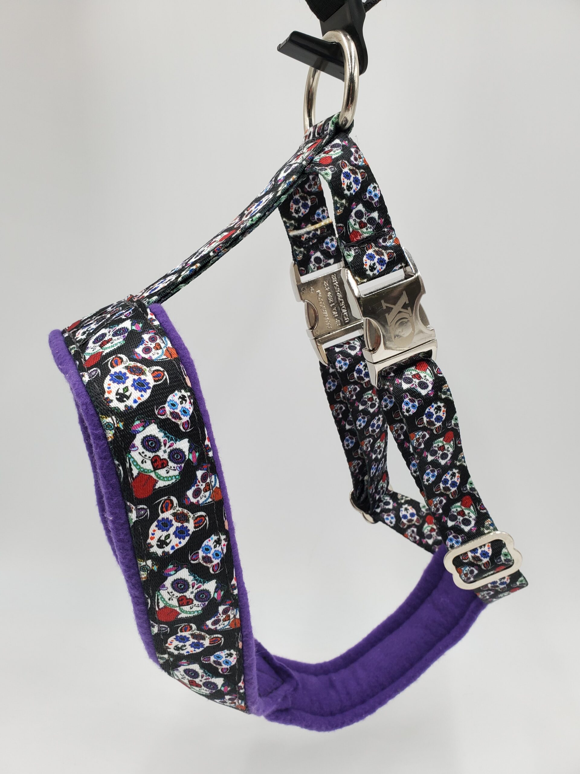 2" Nylon Fleece-Lined Harness, Sugar Bull with Purple Fleece, Aluminum Buckles, Size Medium