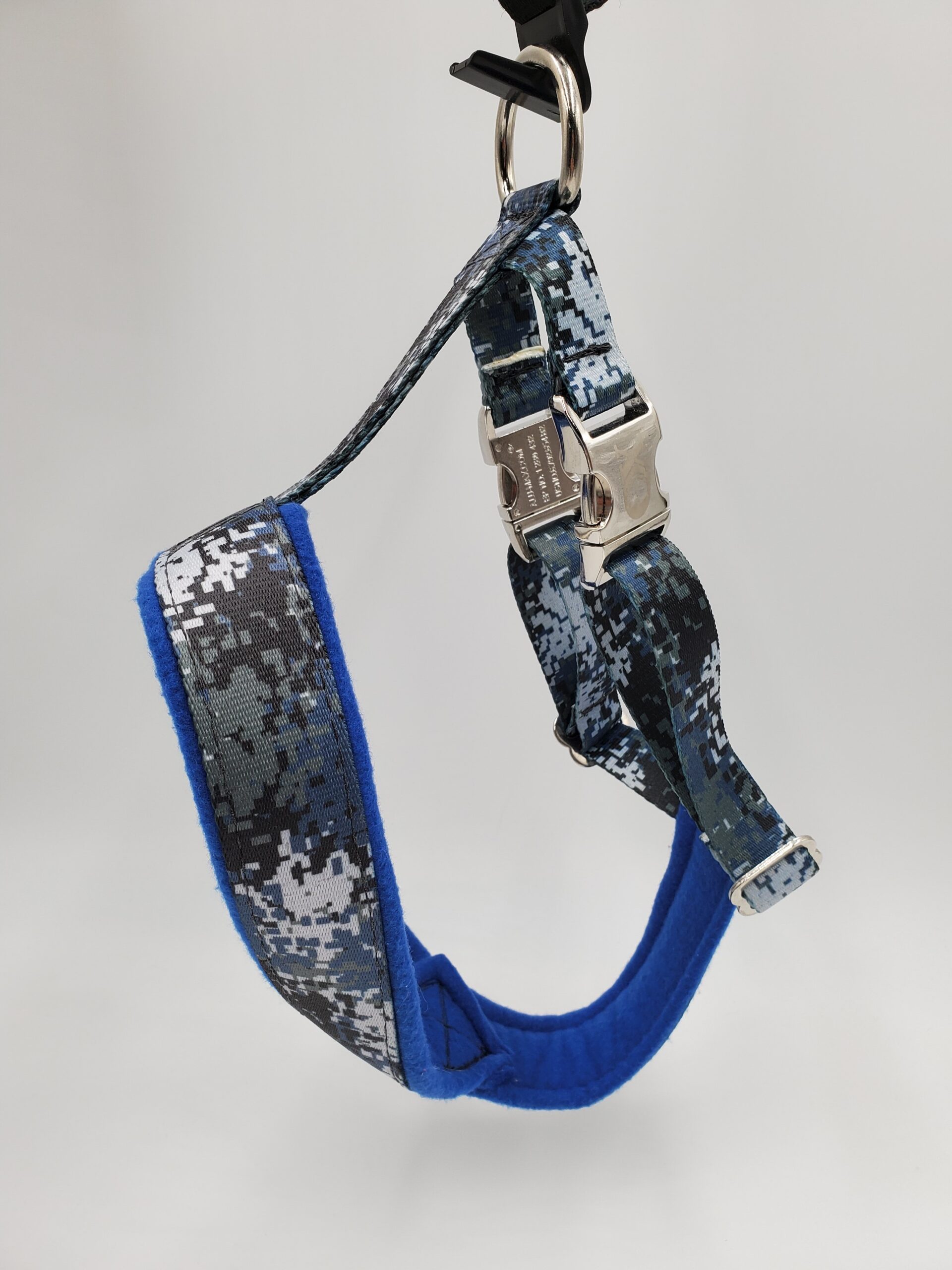 2" Nylon Fleece-Lined Harness, Digital Blue Camo with Blue Fleece, Aluminum Buckles, Size Medium