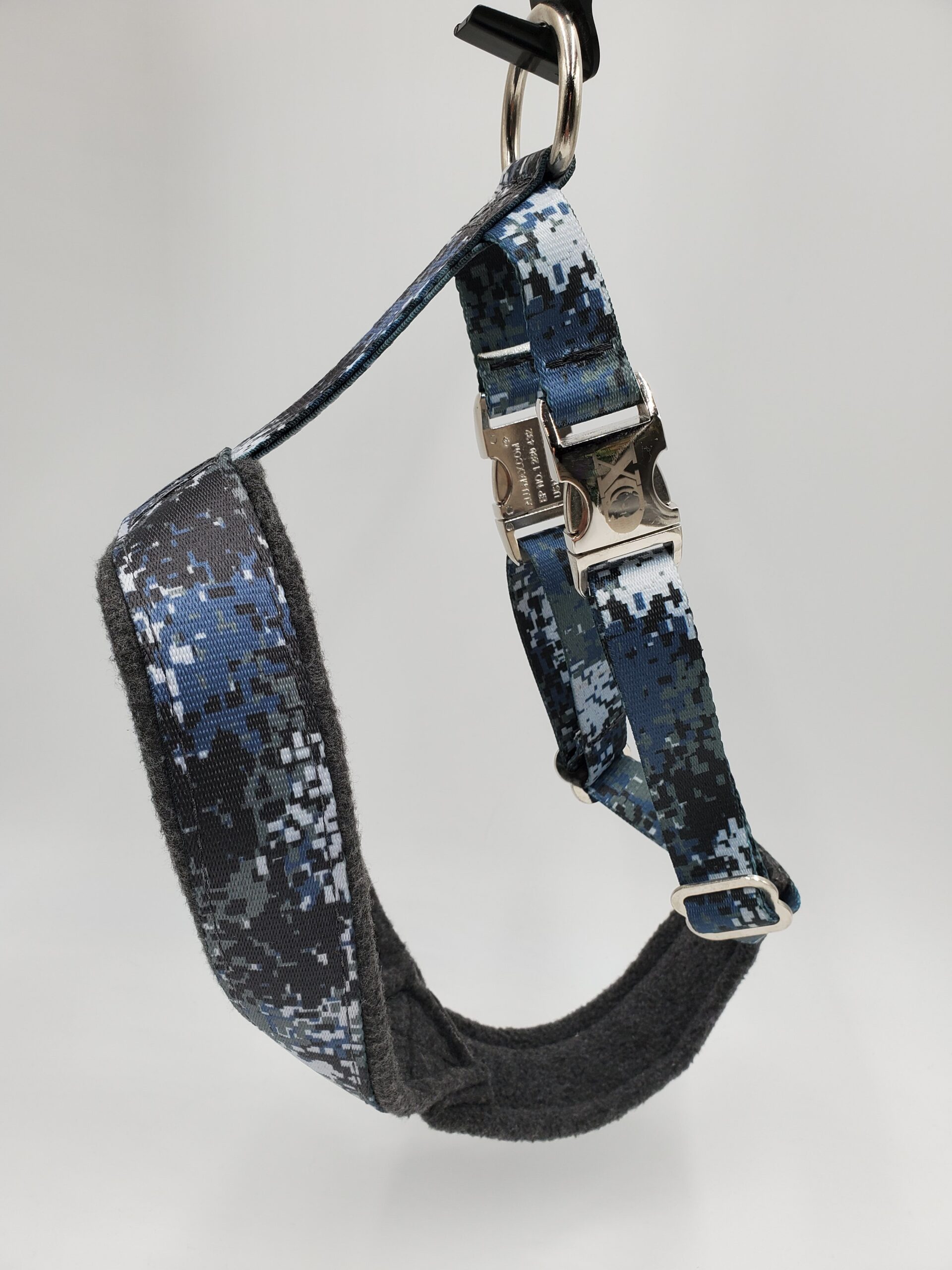 2" Nylon Fleece-Lined Harness, Digital Blue Camo with Charcoal Fleece, Aluminum Buckles, Size Medium