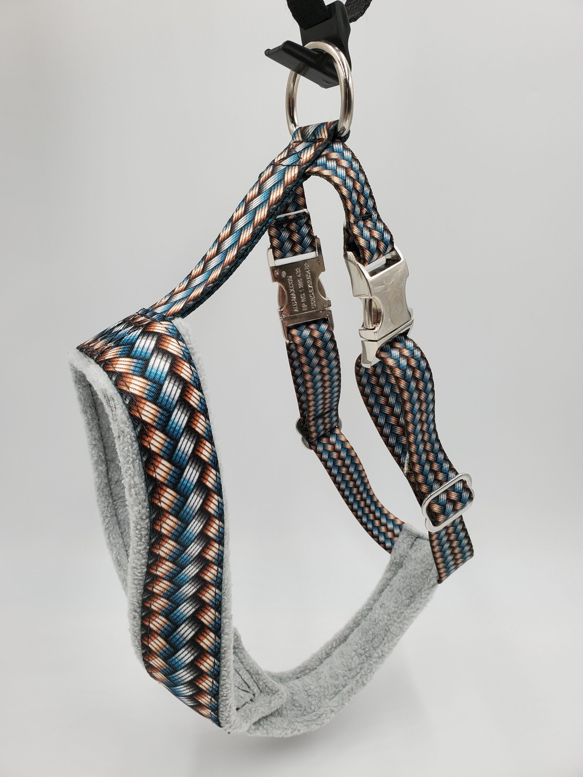 2" Nylon Fleece-Lined Harness, Metal Weave with Grey Fleece, Aluminum Buckles, Size Medium