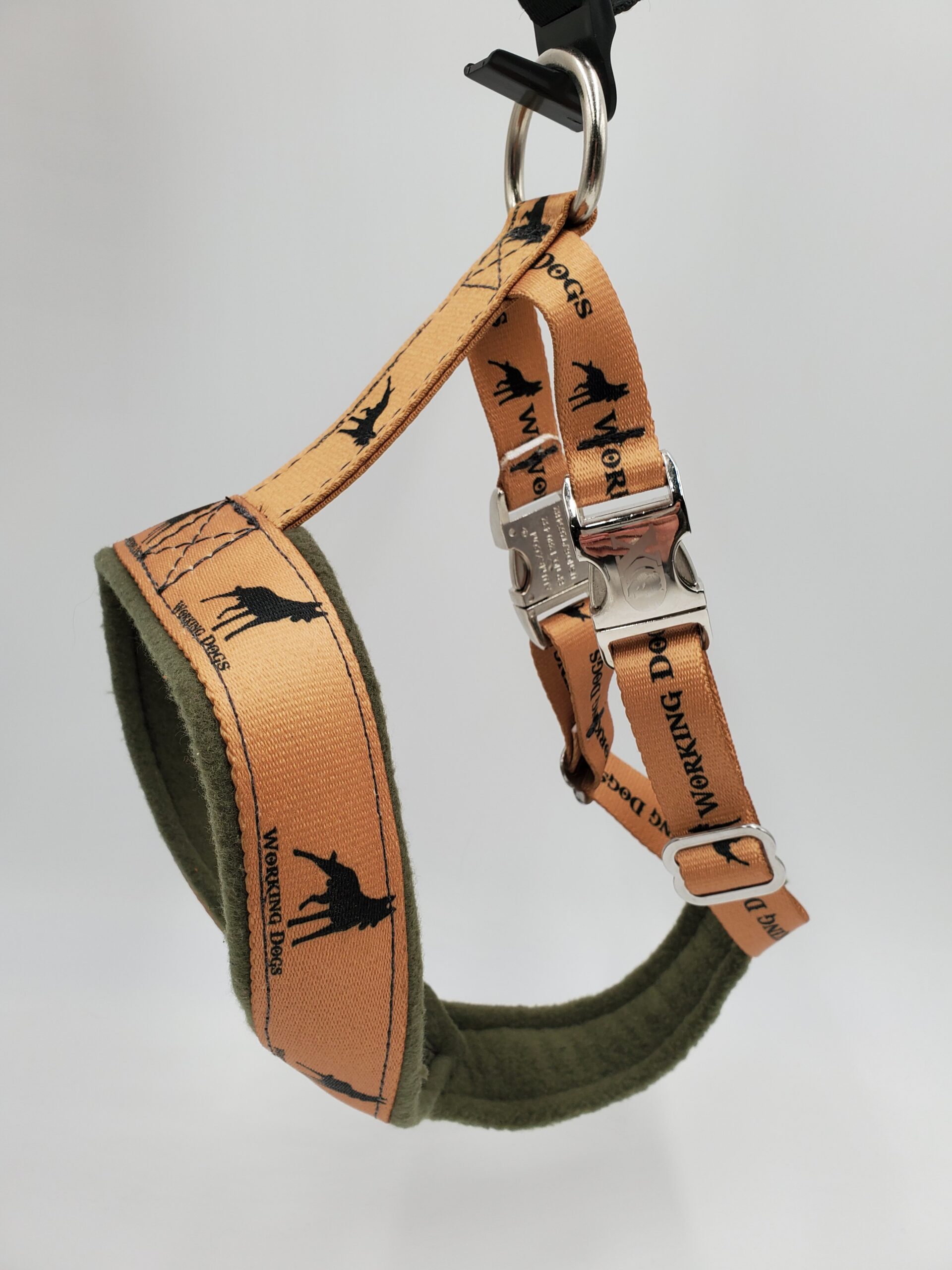 1.5" Nylon, Fleece-Lined Harness, Working Dogs Shepherd with Olive Fleece, Aluminum Buckles, Size Medium