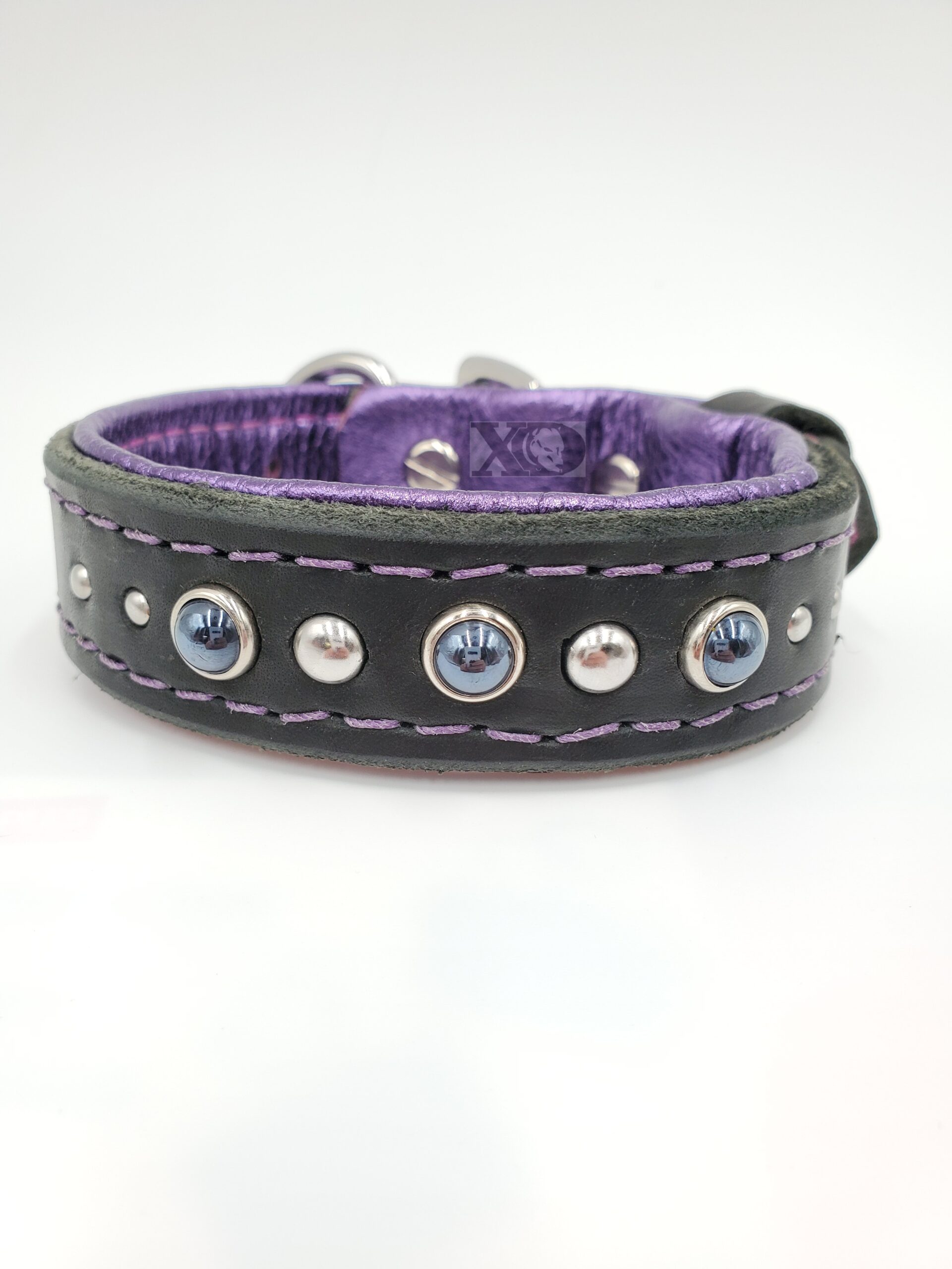 1" Black Latigo Leather Collar, Lined with Metallic Purple Deerskin, Purple Stitch, Stainless Steel Hardware, Black and Silver Conchos, Neck Size 8-13"