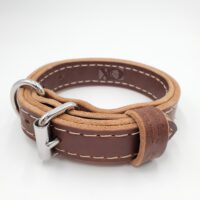 1" Dark Brown Latigo Leather 2-Ply, Heavy Duty Working Collar, White Stitch, Stainless Steel Hardware, Neck Size 9-14"