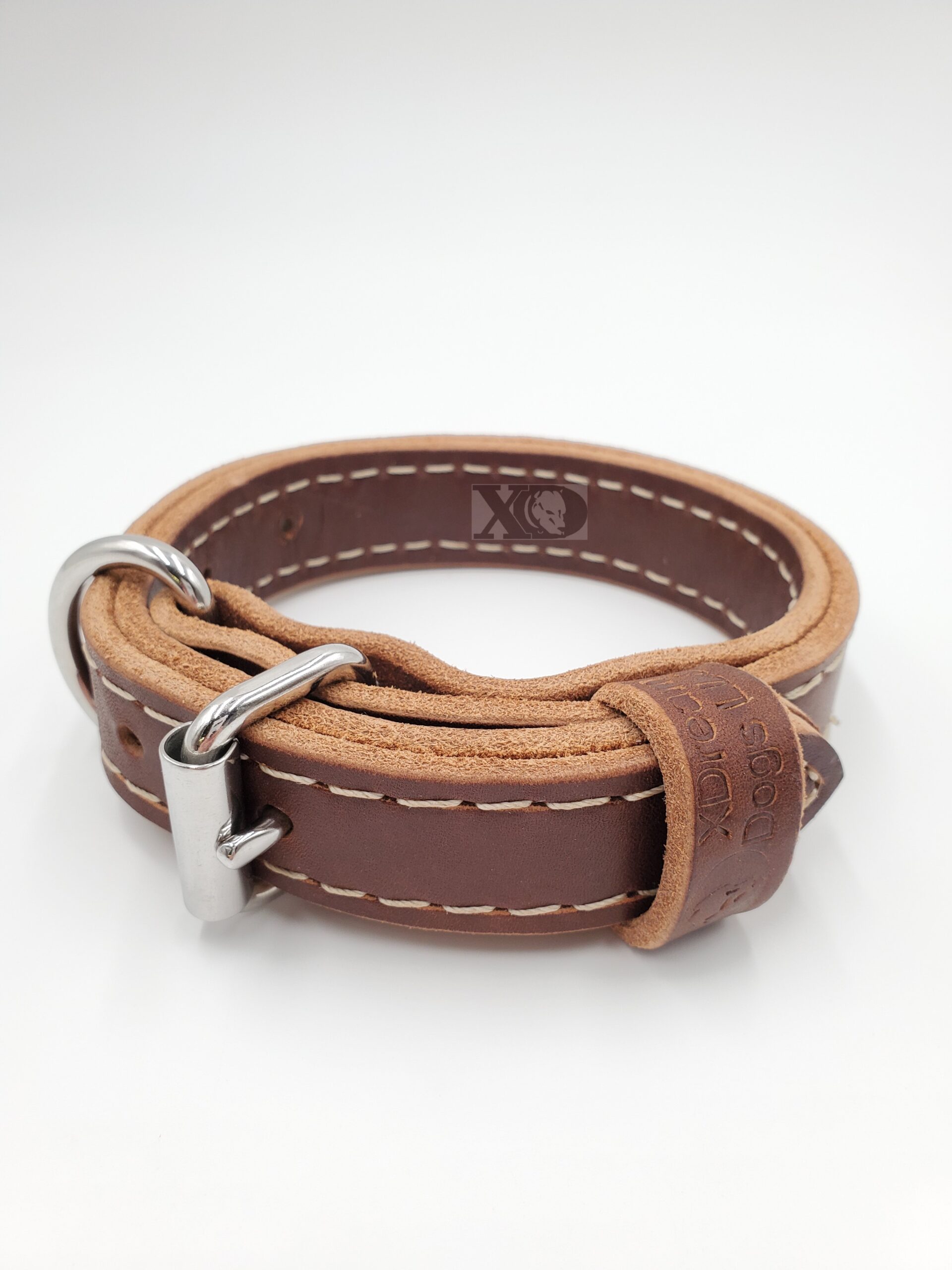 1" Dark Brown Latigo Leather 2-Ply, Heavy Duty Working Collar, White Stitch, Stainless Steel Hardware, Neck Size 9-14"