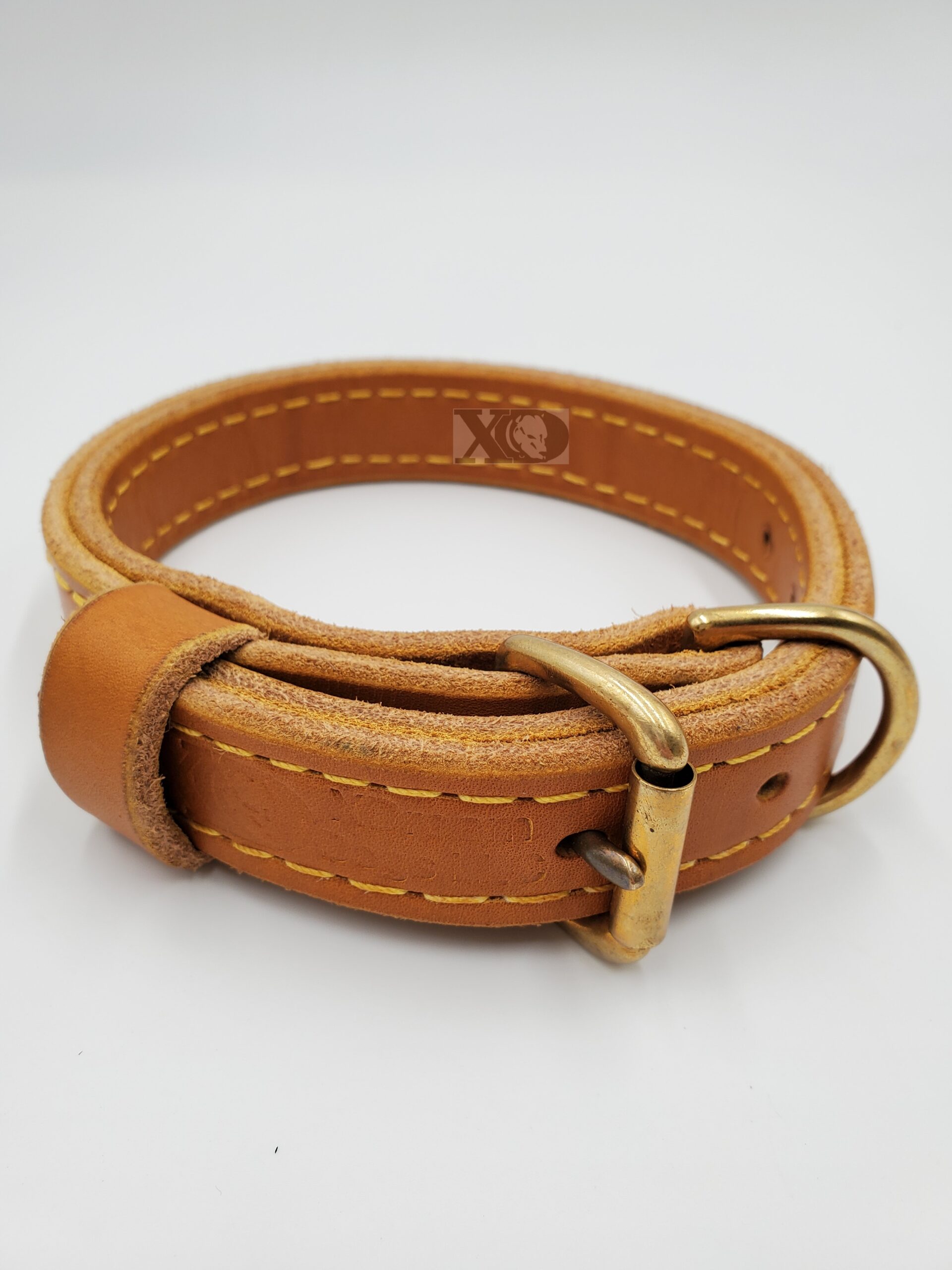 1" Tan Latigo Leather 2-Ply, Heavy Duty Working Collar, Yellow Stitch, Solid Brass Hardware, Neck Size 11-16"