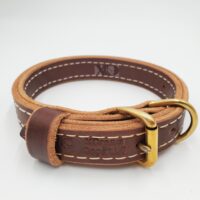 1" Dark Brown Latigo Leather 2-Ply, Heavy Duty Working Collar, White Stitch, Solid Brass Hardware, Neck Size 11-16"