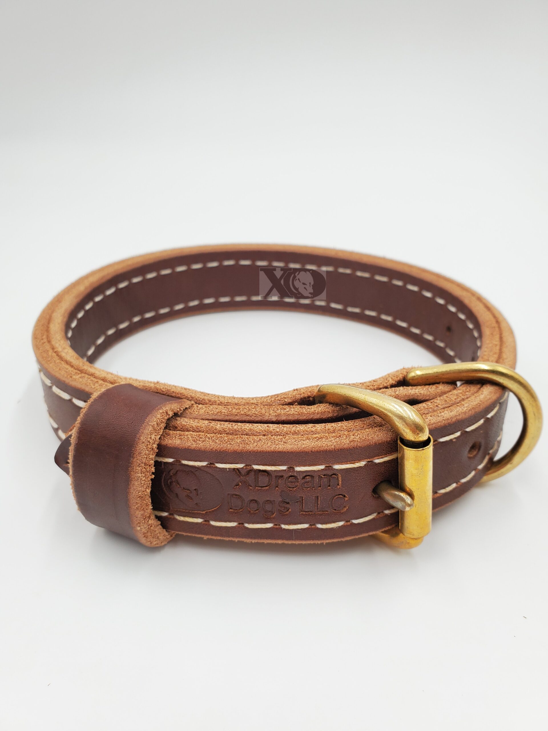 1" Dark Brown Latigo Leather 2-Ply, Heavy Duty Working Collar, White Stitch, Solid Brass Hardware, Neck Size 11-16"