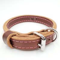 1" Brown Latigo Leather 2-Ply, Heavy Duty Working Collar, Pink Stitch, Stainless Steel Hardware, Neck Size 11-16"