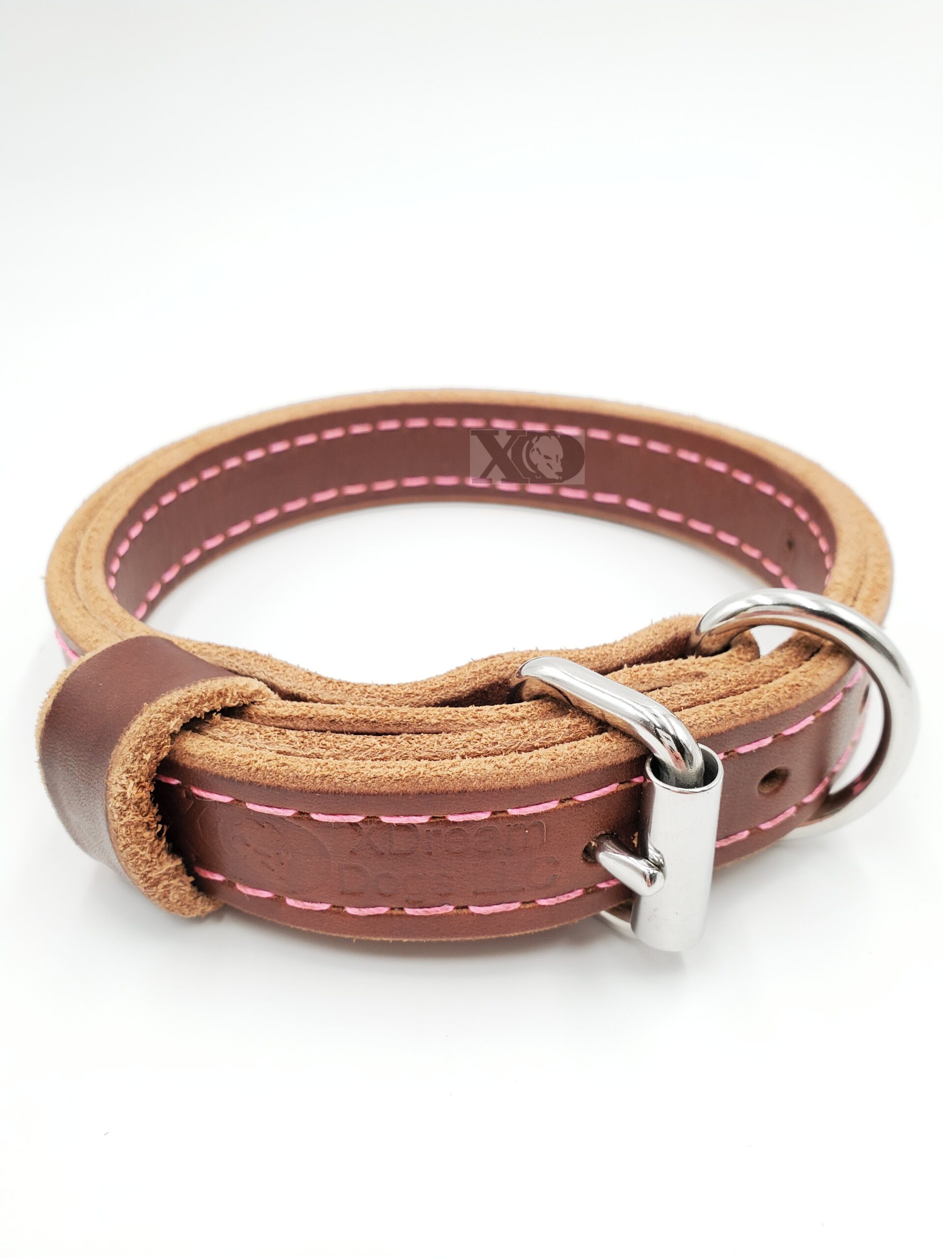 1" Brown Latigo Leather 2-Ply, Heavy Duty Working Collar, Pink Stitch, Stainless Steel Hardware, Neck Size 11-16"