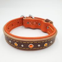 1" Dark Brown Latigo Leather Collar, Lined with Orange Deerskin, Yellow Stitch, Stainless Steel Hardware, Orange and Silver Conchos, Neck Size 11-16"