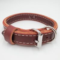 1" Burgundy Latigo Leather 2-Ply, Heavy Duty Working Collar, White Stitch, Stainless Steel Hardware, Neck Size 12-17"