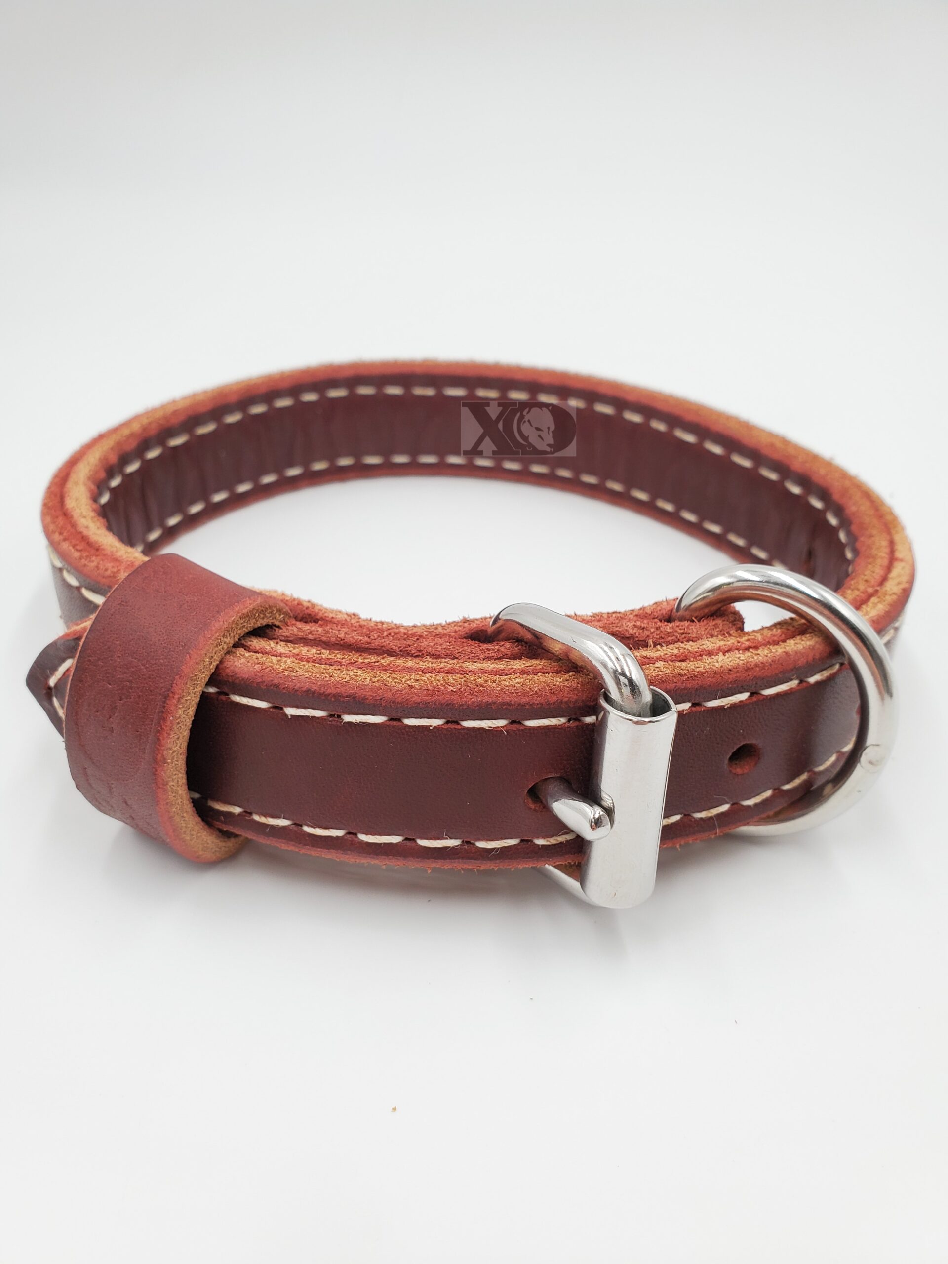 1" Burgundy Latigo Leather 2-Ply, Heavy Duty Working Collar, White Stitch, Stainless Steel Hardware, Neck Size 12-17"