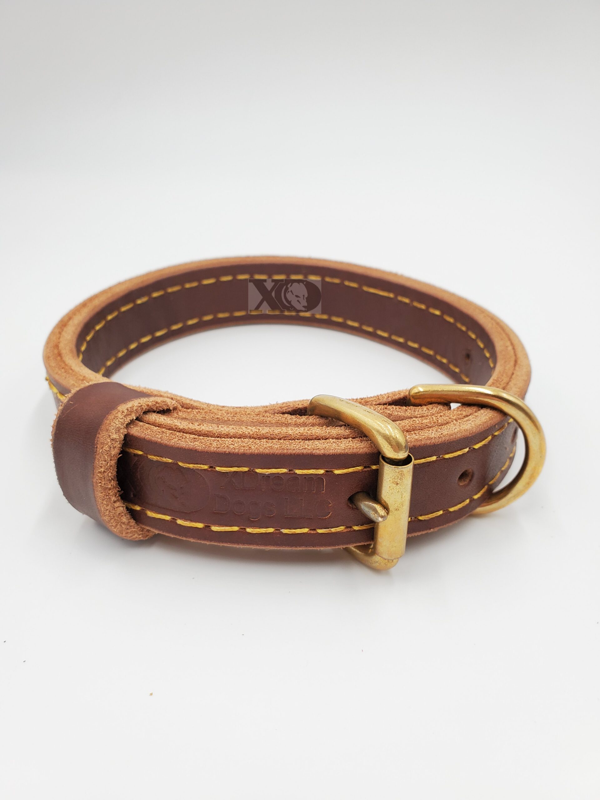 1" Dark Brown Latigo Leather 2-Ply, Heavy Duty Working Collar, Yellow Stitch, Solid Brass Hardware, Neck Size 12-17"