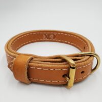 1" Tan Latigo Leather 2-Ply, Heavy Duty Working Collar, White Stitch, Solid Brass Hardware, Neck Size 12-17"