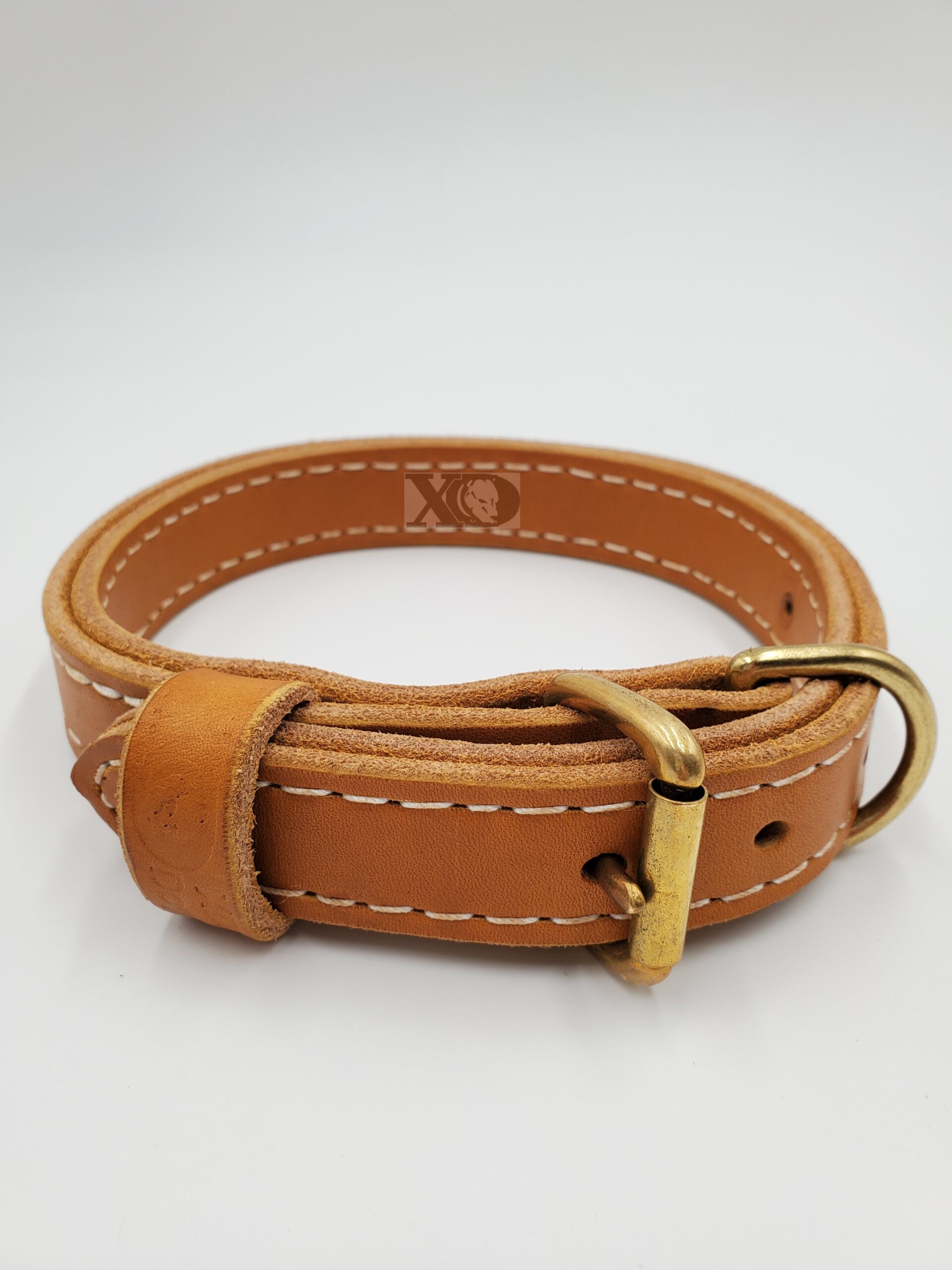 1" Tan Latigo Leather 2-Ply, Heavy Duty Working Collar, White Stitch, Solid Brass Hardware, Neck Size 12-17"