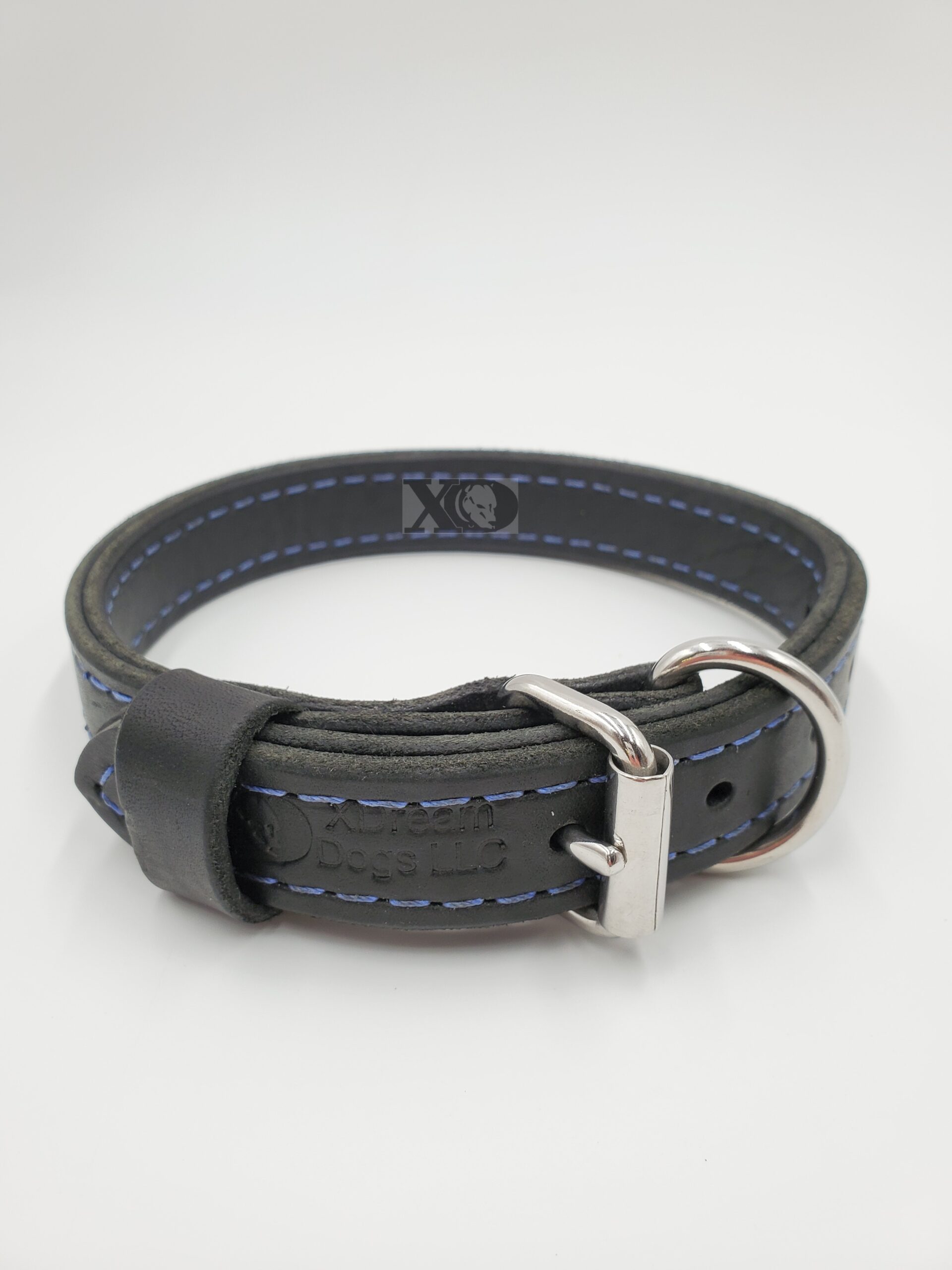 1" Black Latigo Leather 2-Ply, Heavy Duty Working Collar, Blue Stitch, Stainless Steel Hardware, Neck Size 13-18"