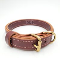 1" Burgundy Latigo Leather 2-Ply, Heavy Duty Working Collar, White Stitch, Solid Brass Hardware, Neck Size 13-18"