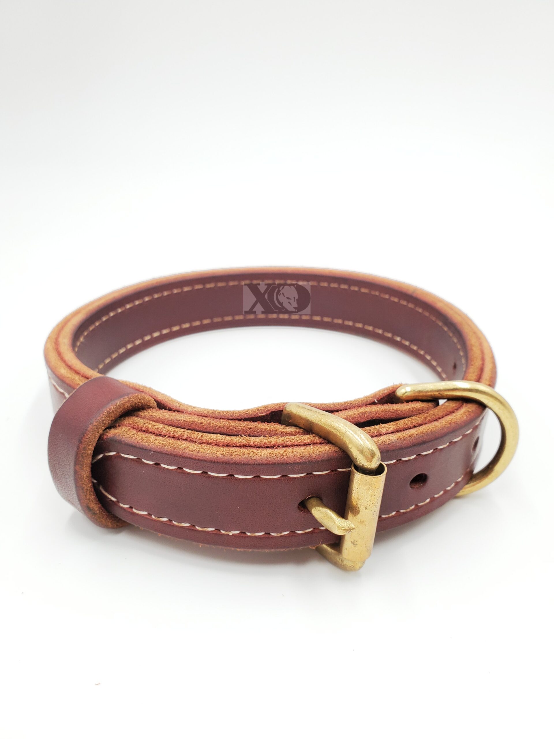 1" Burgundy Latigo Leather 2-Ply, Heavy Duty Working Collar, White Stitch, Solid Brass Hardware, Neck Size 13-18"