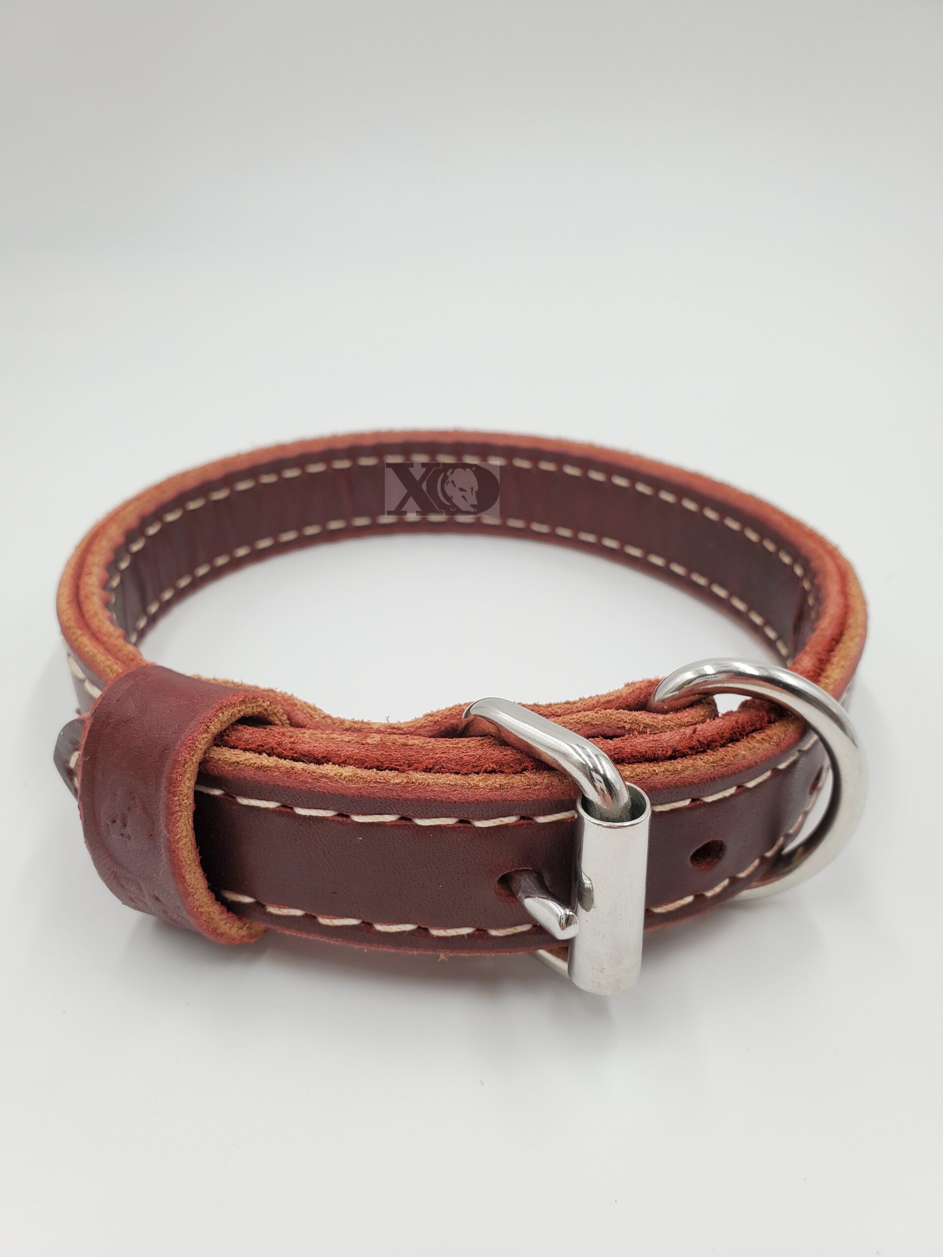 1" Burgundy Latigo Leather 2-Ply, Heavy Duty Working Collar, White Stitch, Stainless Steel Hardware, Neck Size 13-18"