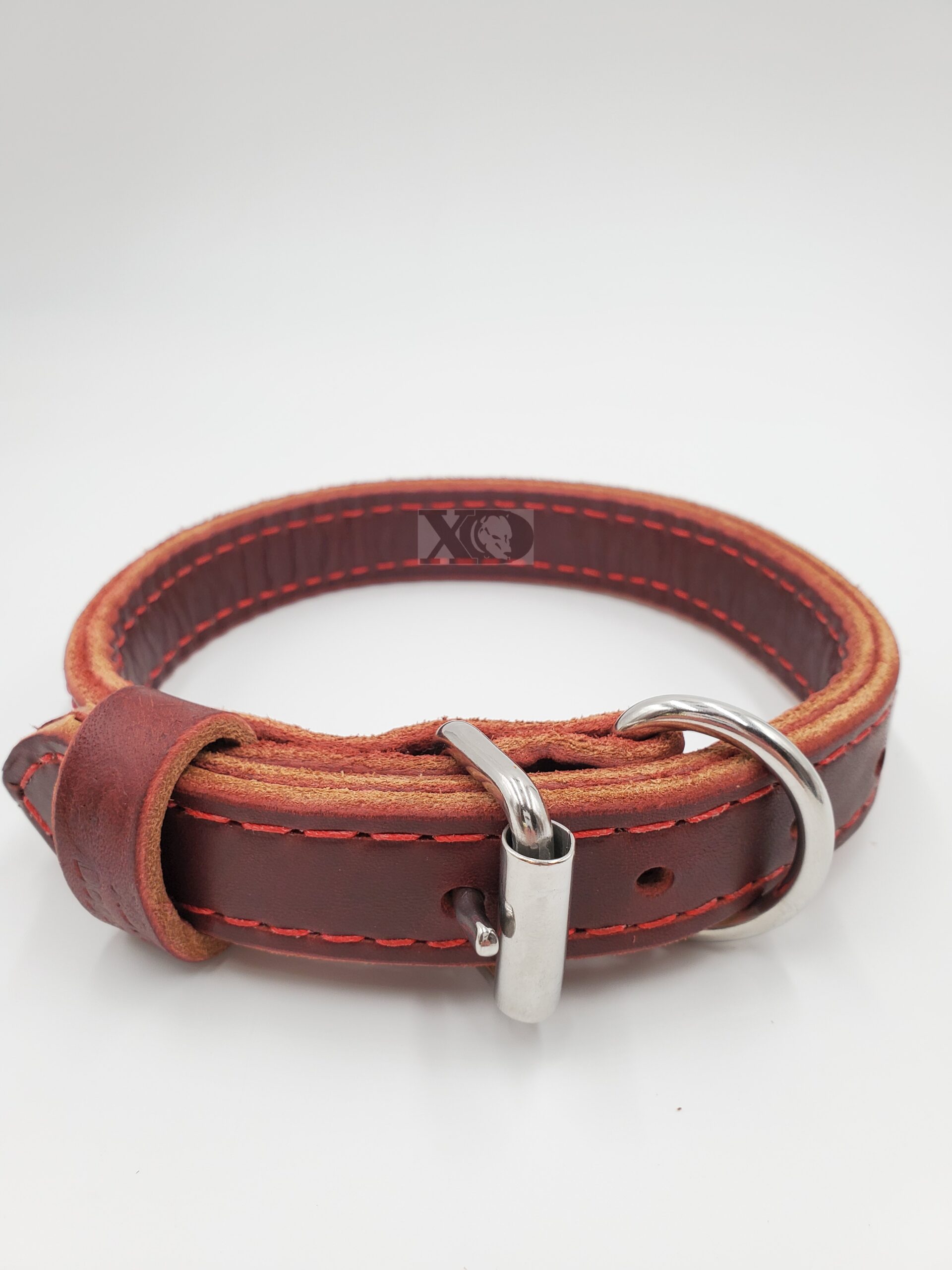 1" Burgundy Latigo Leather 2-Ply, Heavy Duty Working Collar, Red Stitch, Stainless Steel Hardware, Neck Size 13-18"