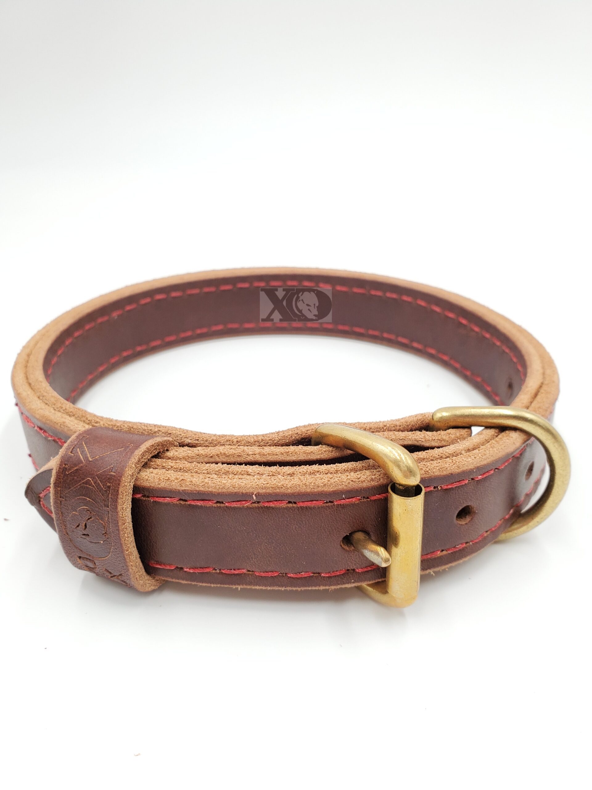 1" Dark Brown Latigo Leather 2-Ply, Heavy Duty Working Collar, Red Stitch, Solid Brass Hardware, Neck Size 13-18"