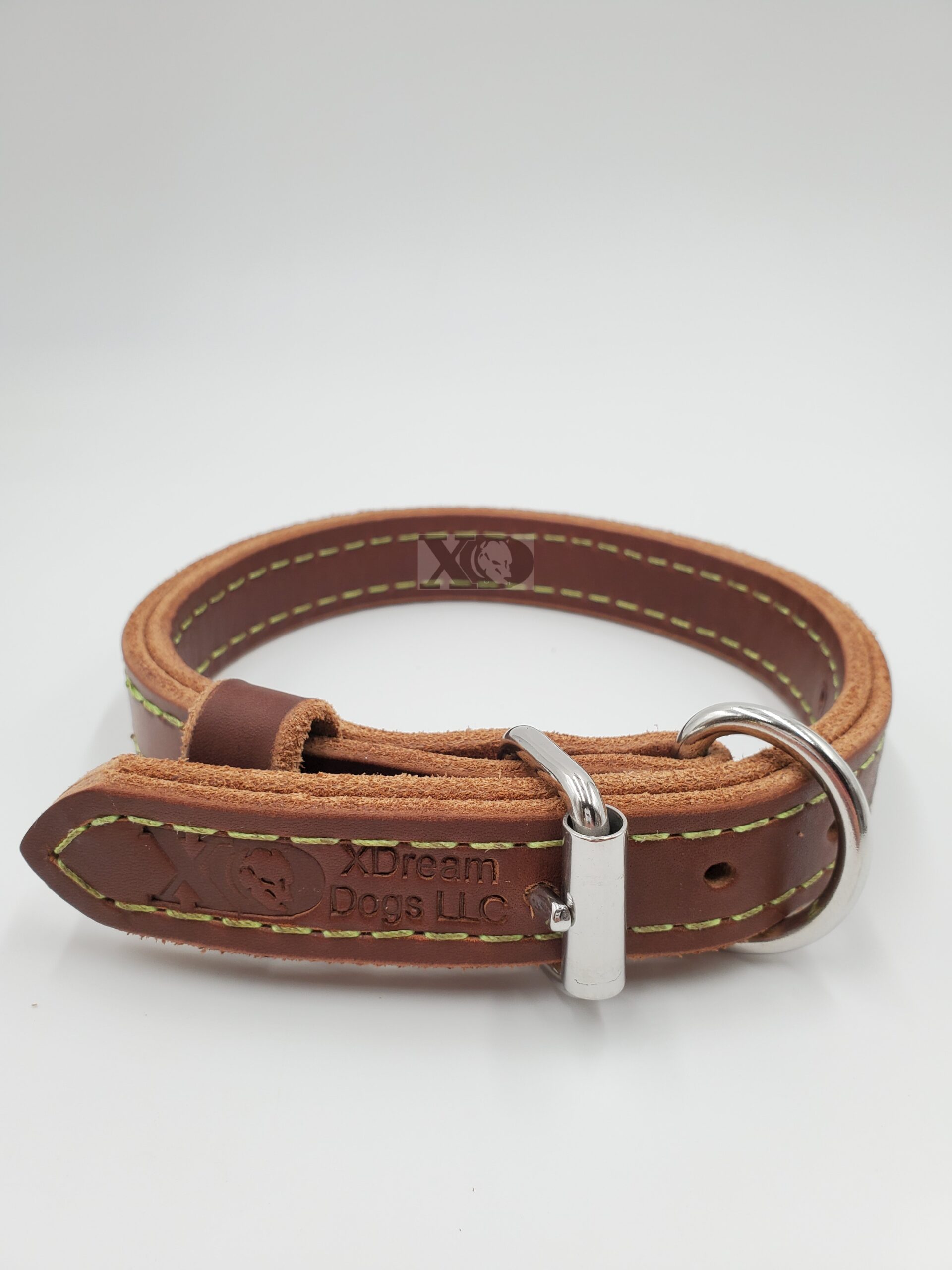 1" Dark Brown Latigo Leather 2-Ply, Heavy Duty Working Collar, Lime Stitch, Stainless Steel Hardware, Neck Size 13-18"