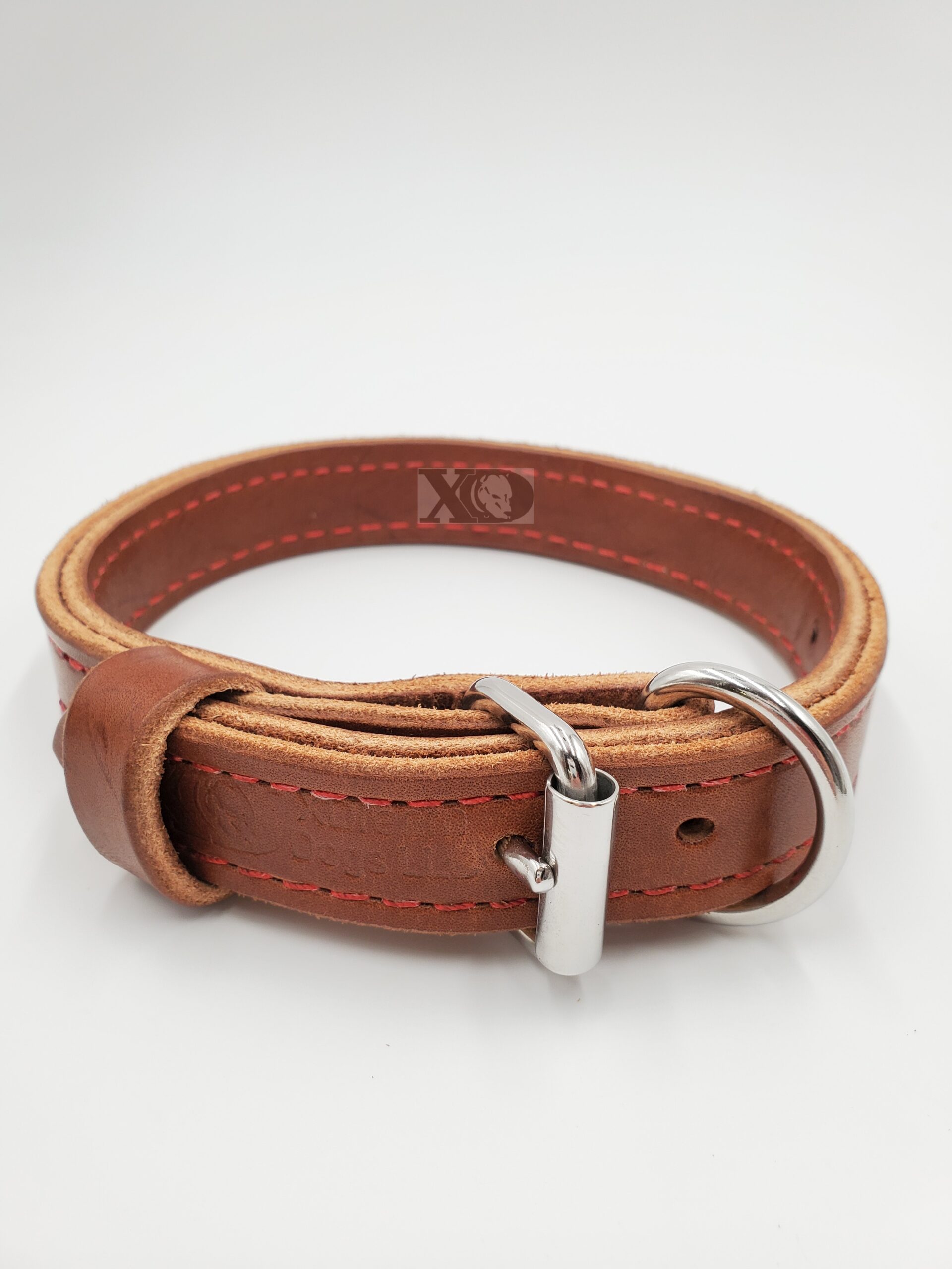 1" Brown Latigo Leather 2-Ply, Heavy Duty Working Collar, Red Stitch, Stainless Steel Hardware, Neck Size 13-18"