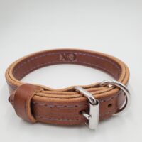 1" Brown Latigo Leather 2-Ply, Heavy Duty Working Collar, Blue Stitch, Stainless Steel Hardware, Neck Size 13-18"