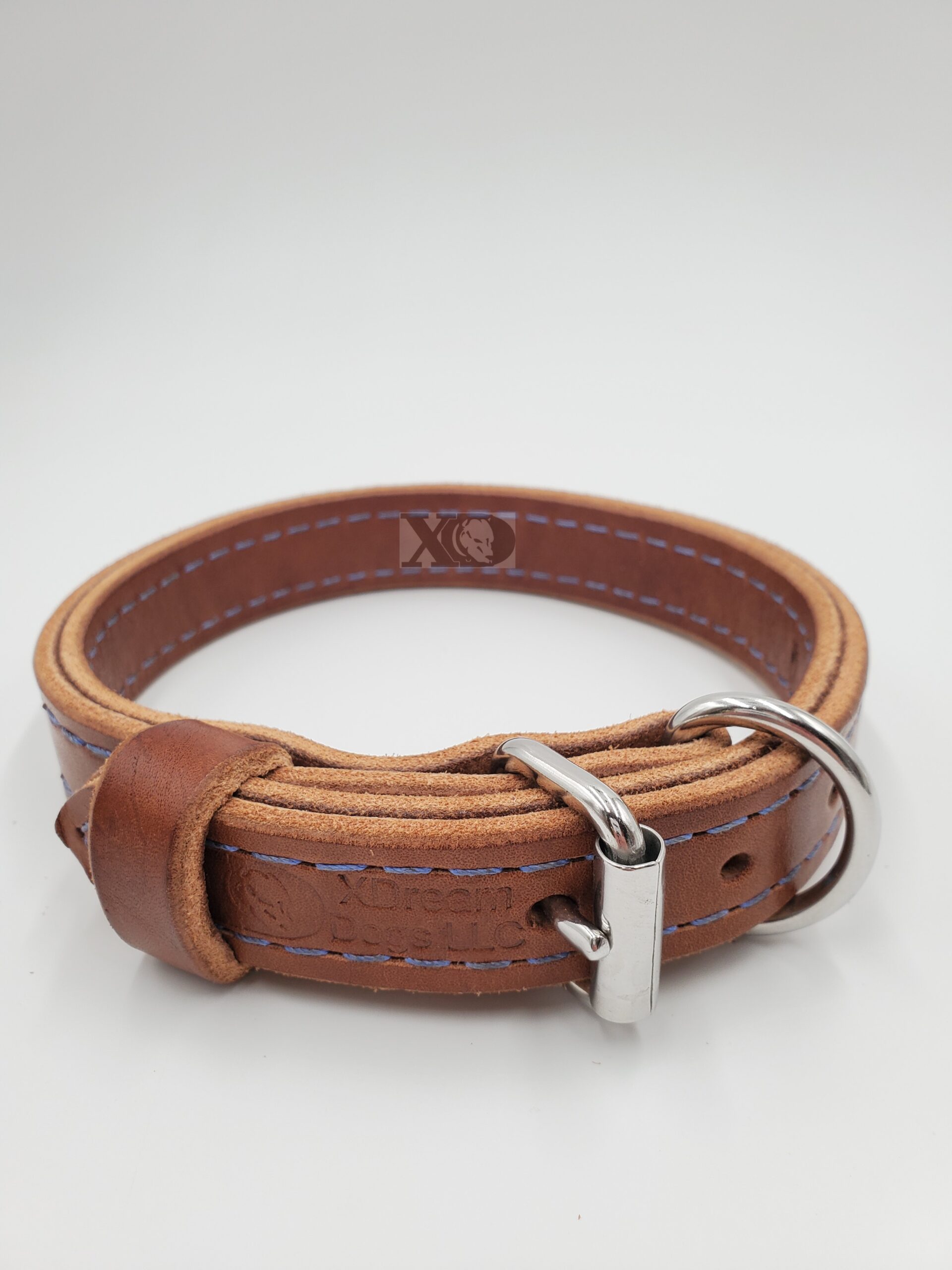 1" Brown Latigo Leather 2-Ply, Heavy Duty Working Collar, Blue Stitch, Stainless Steel Hardware, Neck Size 13-18"
