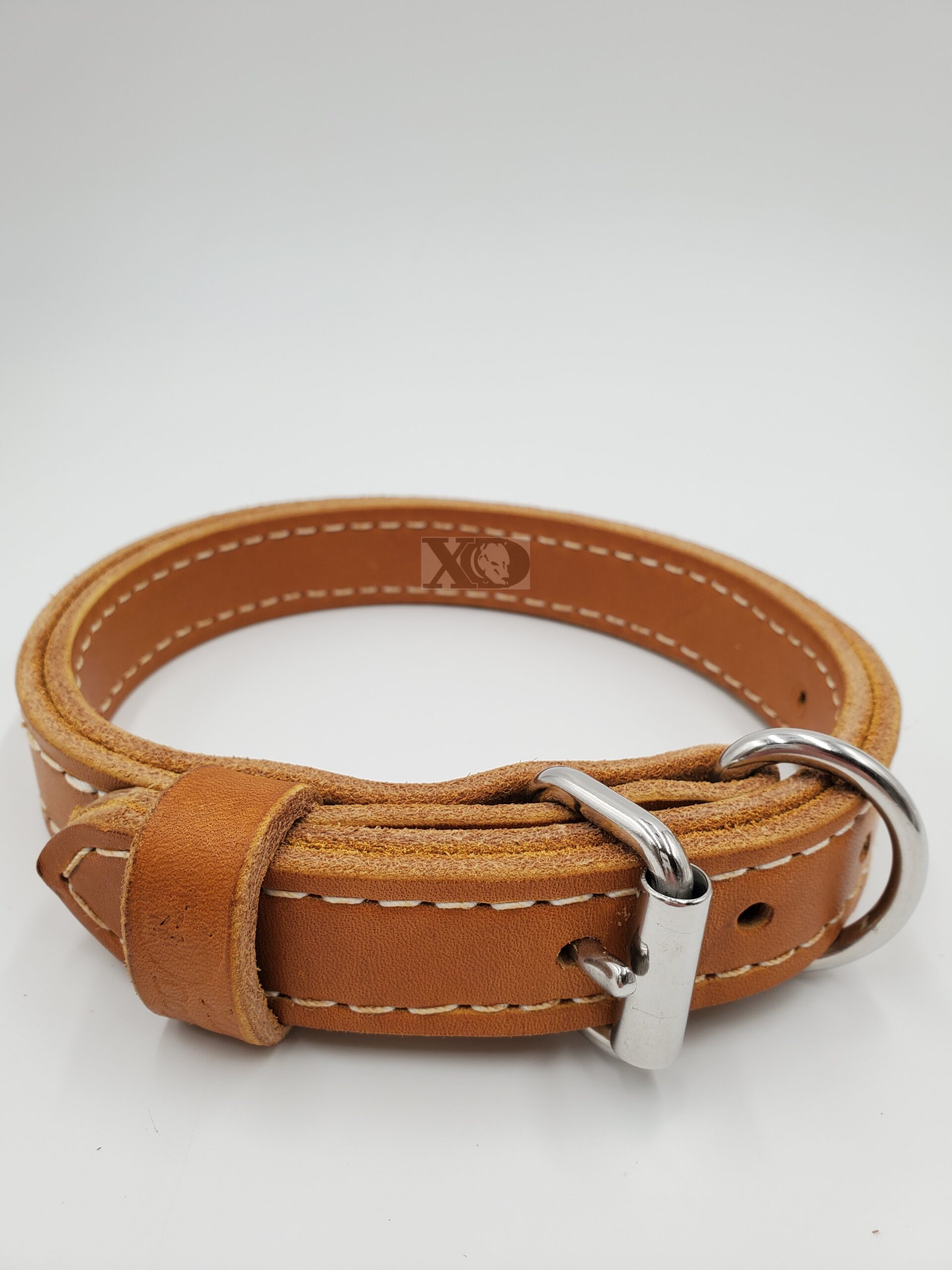1" Tan Latigo Leather 2-Ply, Heavy Duty Working Collar, White Stitch, Stainless Steel Hardware, Neck Size 13-18"
