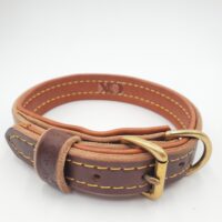 1" Dark Brown Latigo Leather Collar, Lined with Natural Deerskin, Yellow Stitch, Solid Brass Hardware, Neck Size 13-18"