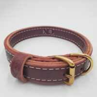 1" Burgundy Latigo Leather 2-Ply, Heavy Duty Working Collar, White Stitch, Solid Brass Hardware, Neck Size 14-19"