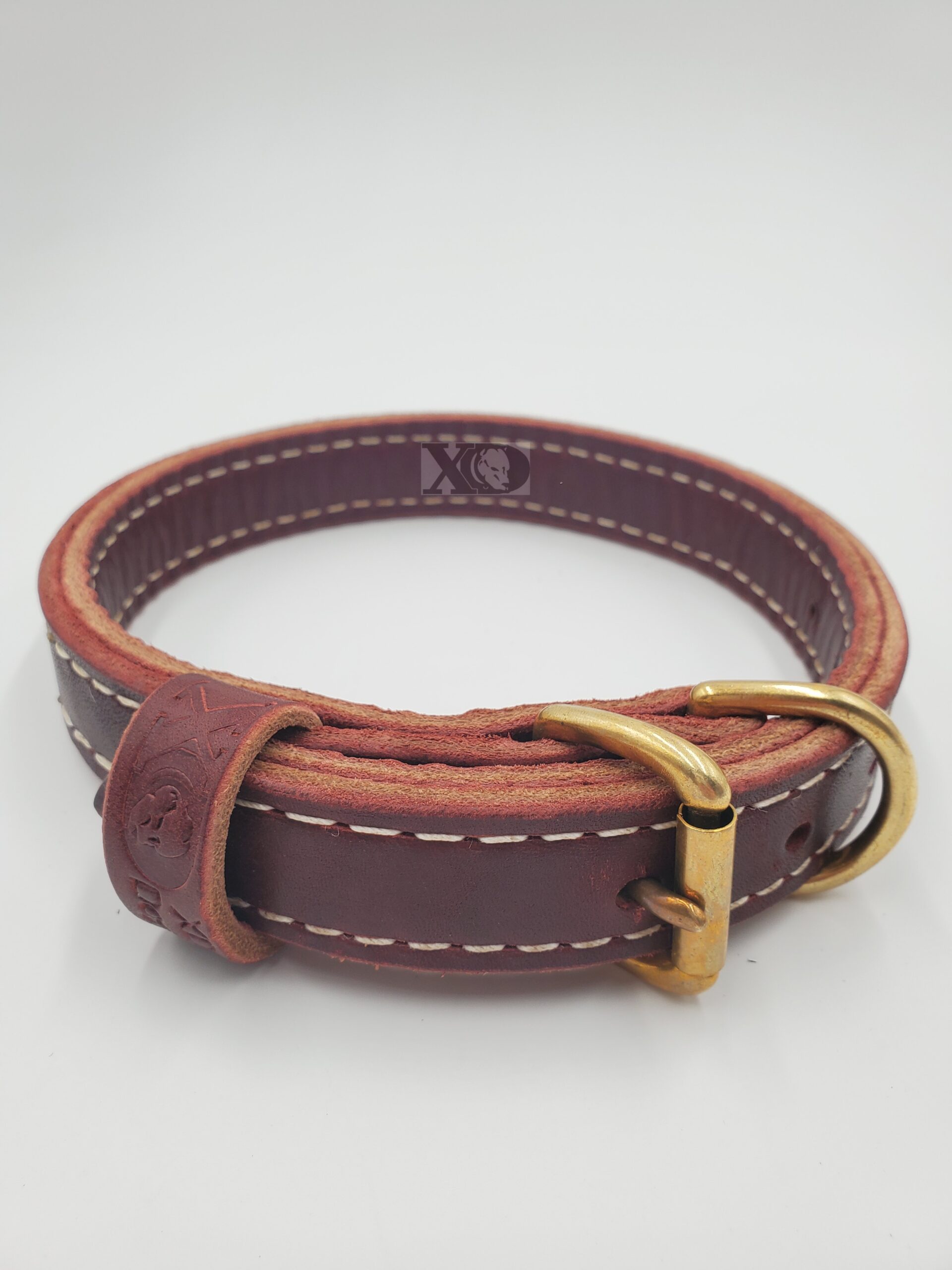 1" Burgundy Latigo Leather 2-Ply, Heavy Duty Working Collar, White Stitch, Solid Brass Hardware, Neck Size 14-19"