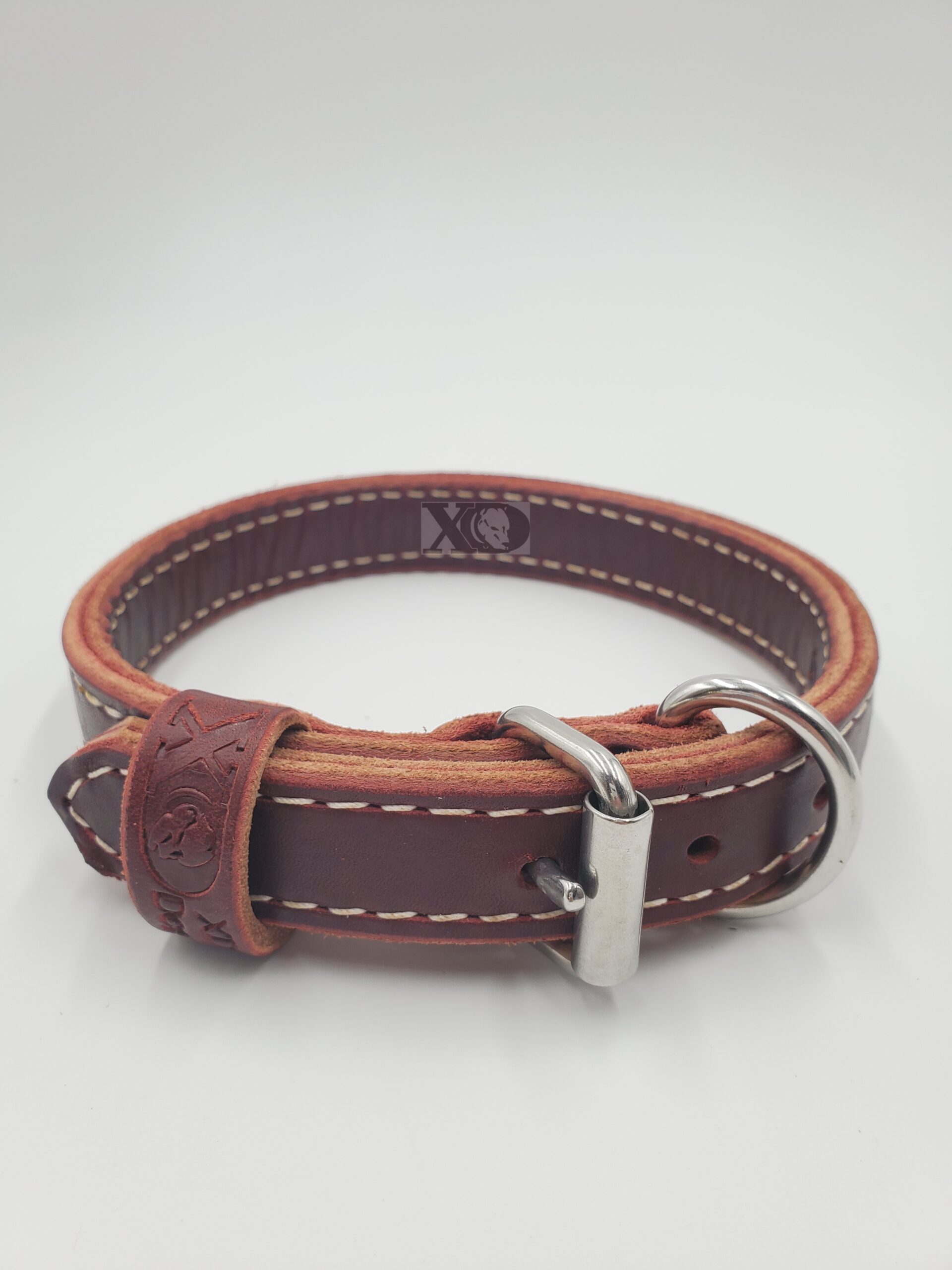 1" Burgundy Latigo Leather 2-Ply, Heavy Duty Working Collar, White Stitch, Stainless Steel Hardware, Neck Size 14-19"