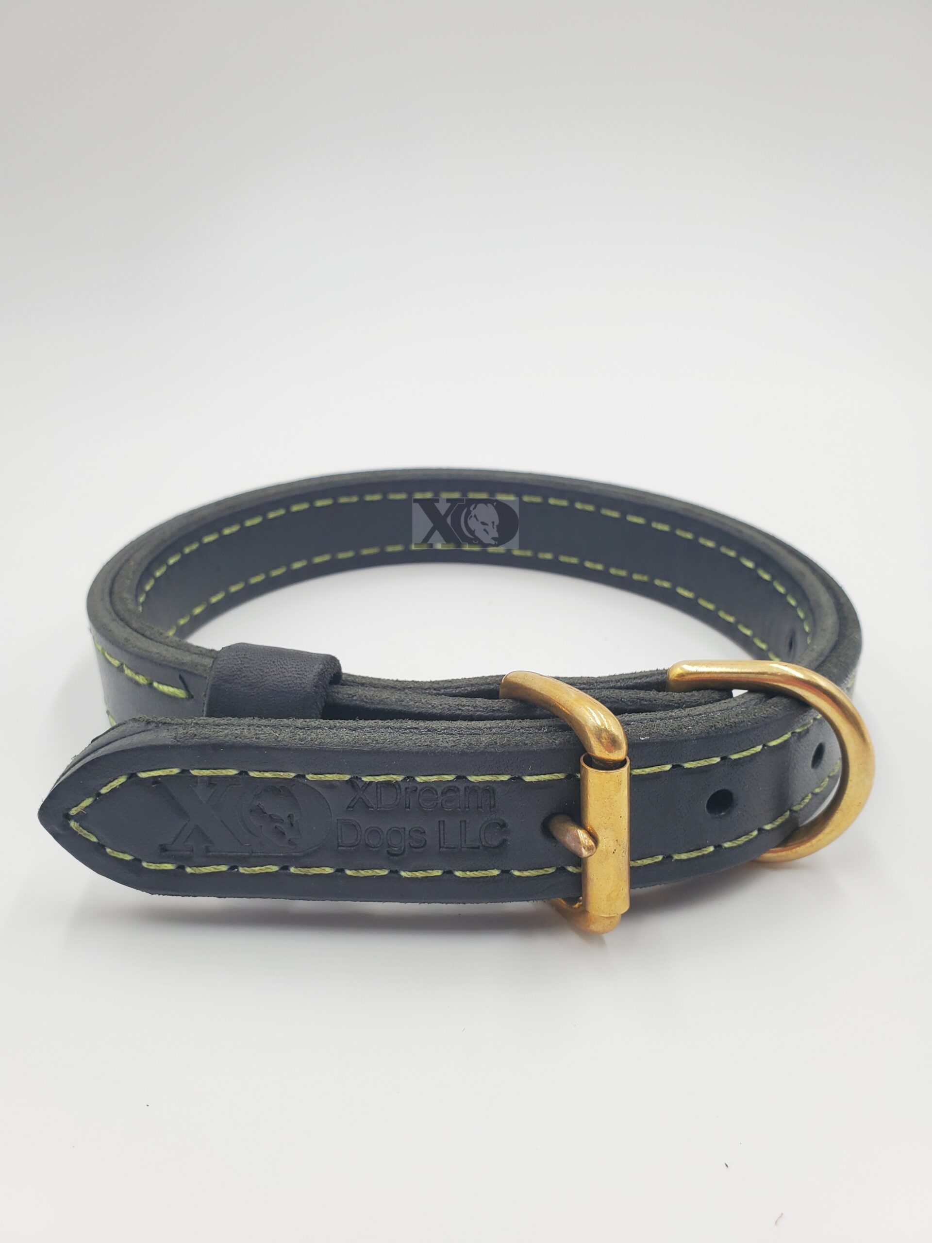 1" Black Latigo Leather 2-Ply, Heavy Duty Working Collar, Lime Stitch, Solid Brass Hardware, Neck Size 14-19"