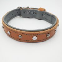 1" Tan Latigo Leather Collar, Lined with Grey Deerskin, Grey Stitch, Silver Conchos, Neck Size 14-19"