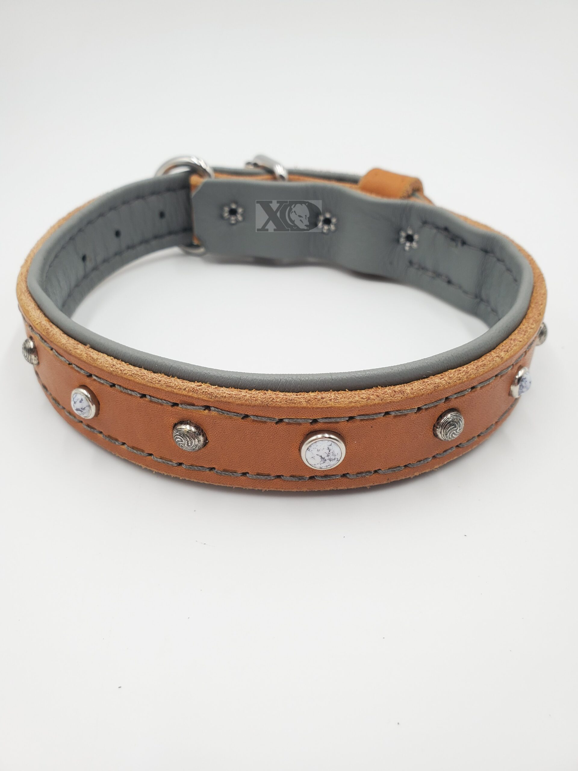 1" Tan Latigo Leather Collar, Lined with Grey Deerskin, Grey Stitch, Silver Conchos, Neck Size 14-19"