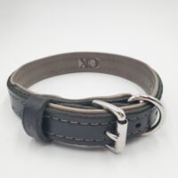 1" Black Latigo Leather Collar, Lined with Grey Deerskin, Grey Stitch, Stainless Steel Hardware, Neck Size 14-19"