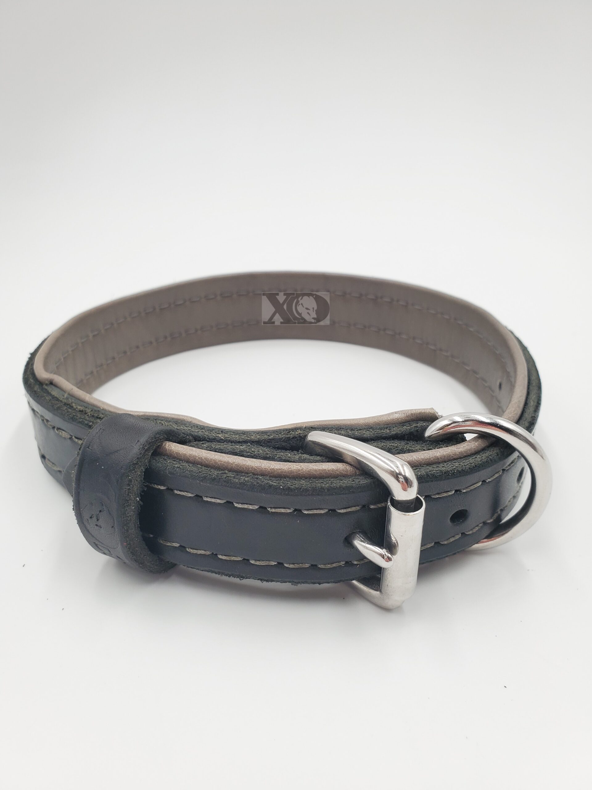 1" Black Latigo Leather Collar, Lined with Grey Deerskin, Grey Stitch, Stainless Steel Hardware, Neck Size 14-19"