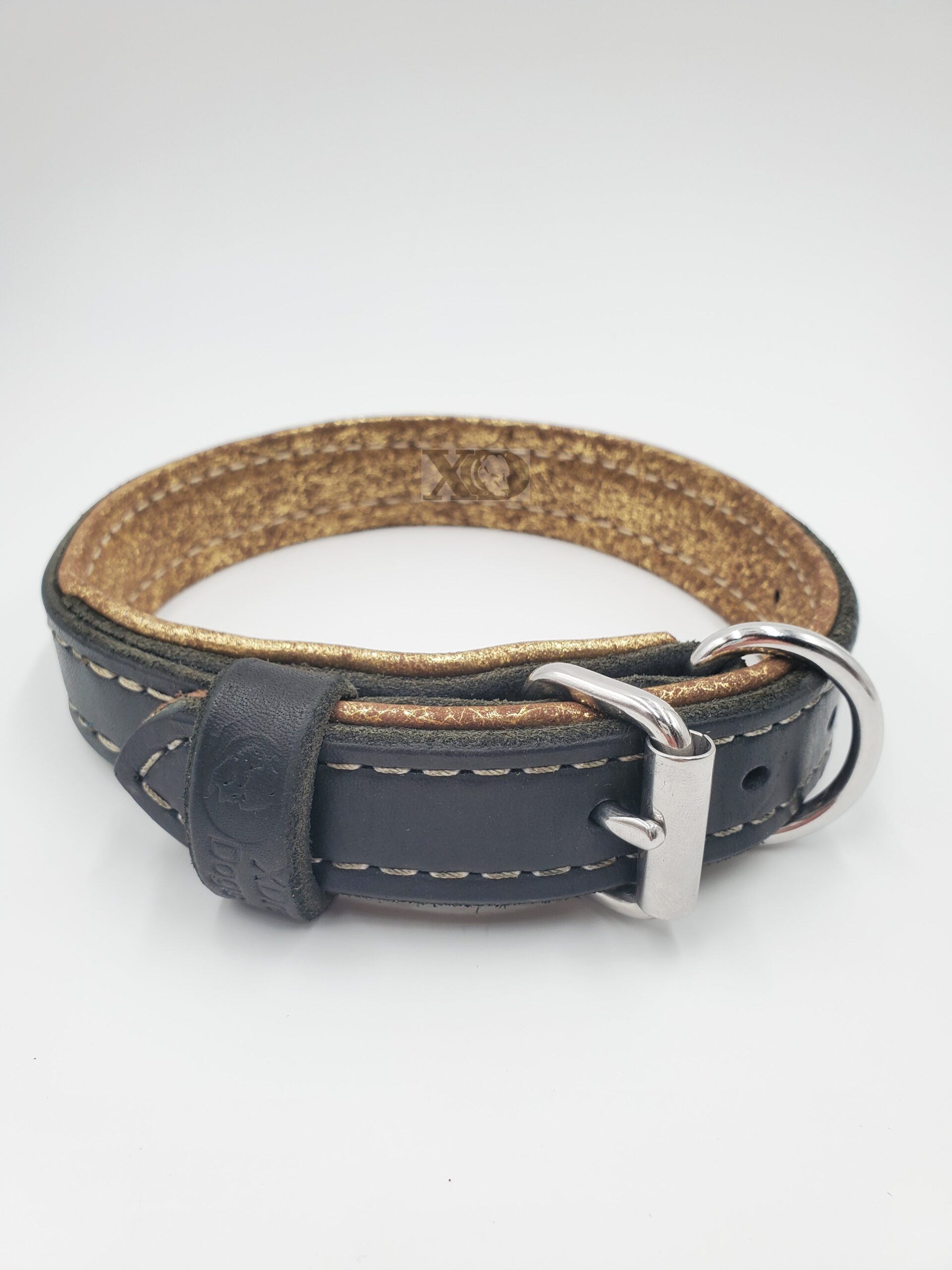1" Black Latigo Leather Collar, Lined with Gold Deerskin, Tan Stitch, Stainless Steel Hardware, Neck Size 14-19"