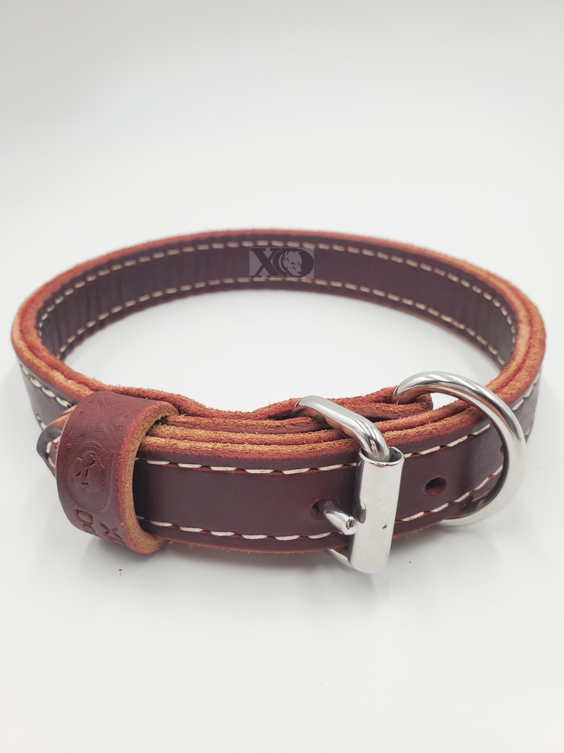 1" Burgundy Latigo Leather 2-Ply, Heavy Duty Working Collar, White Stitch, Stainless Steel Hardware, Neck Size 15-20"