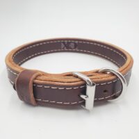 1" Dark Brown Latigo Leather 2-Ply, Heavy Duty Working Collar, White Stitch, Stainless Steel Hardware, Neck Size 15-20"