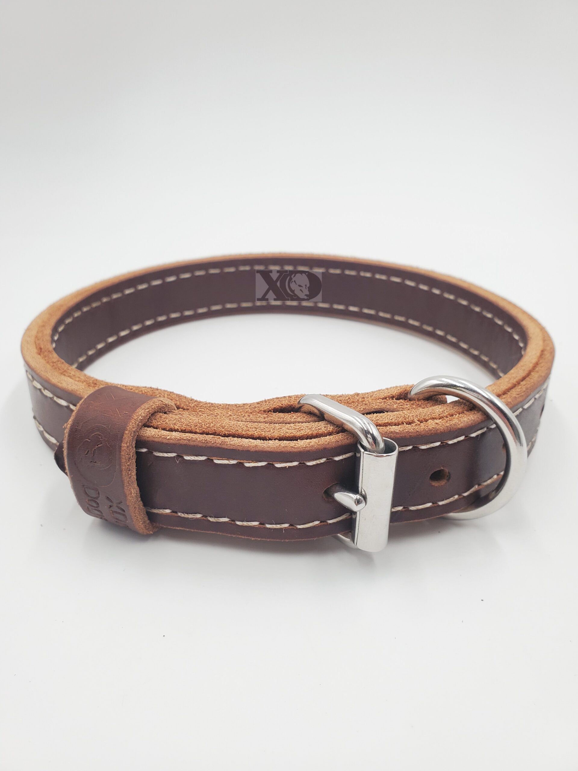 1" Dark Brown Latigo Leather 2-Ply, Heavy Duty Working Collar, White Stitch, Stainless Steel Hardware, Neck Size 15-20"