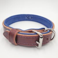 1" Burgundy Latigo Leather Collar, Lined with Royal Blue Deerskin, Blue Stitch, Stainless Steel Hardware, Neck Size 15-20"