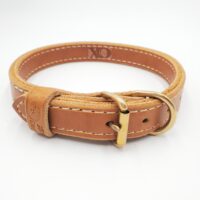 1" Tan Latigo Leather 2-Ply, Heavy Duty Working Collar, White Stitch, Solid Brass Hardware, Neck Size 16-21"