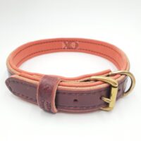 1" Burgundy Latigo Leather Collar, Lined with Peach Deerskin, Black Stitch, Solid Brass Hardware, Neck Size 19-24"