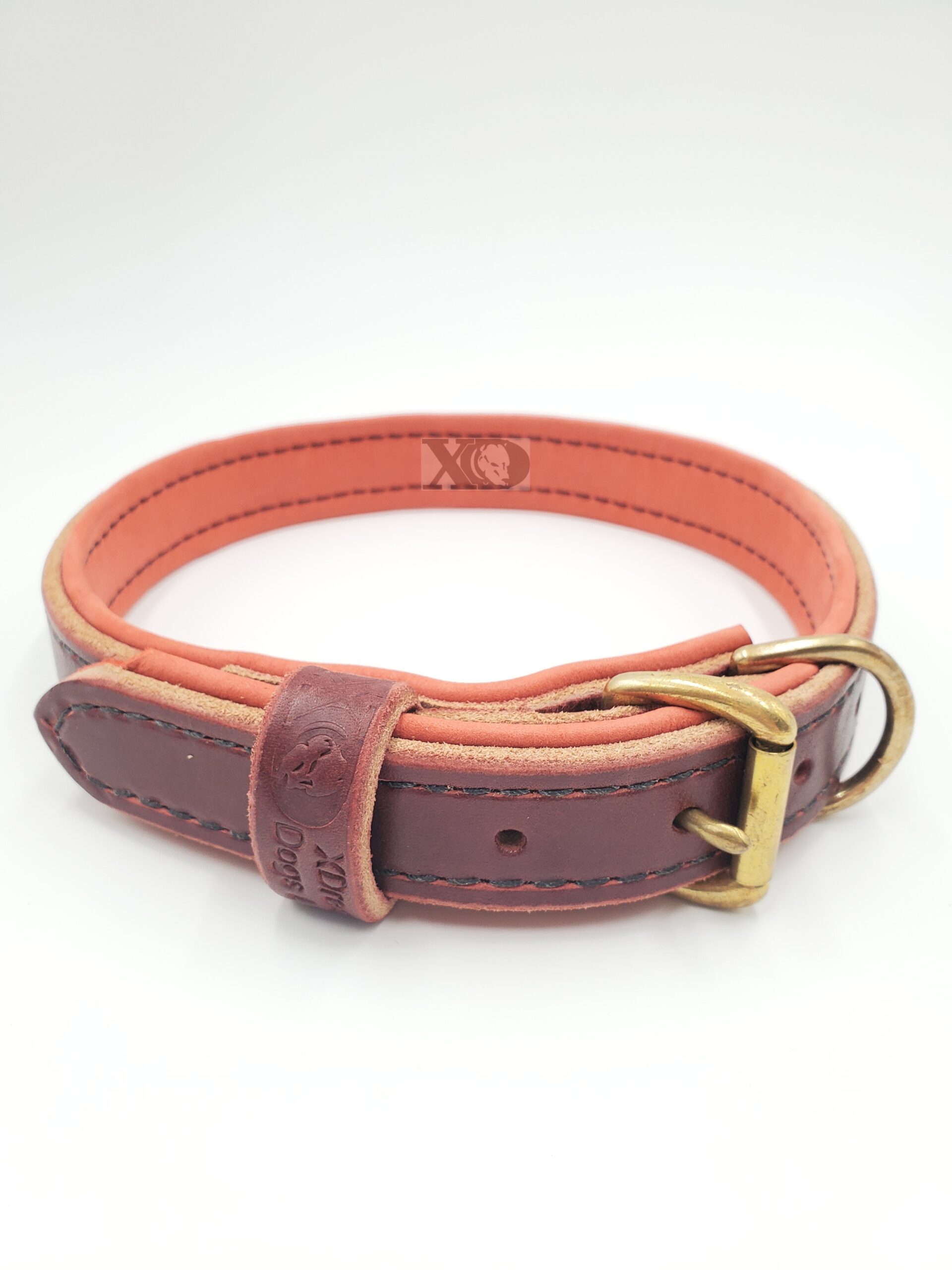 1" Burgundy Latigo Leather Collar, Lined with Peach Deerskin, Black Stitch, Solid Brass Hardware, Neck Size 19-24"